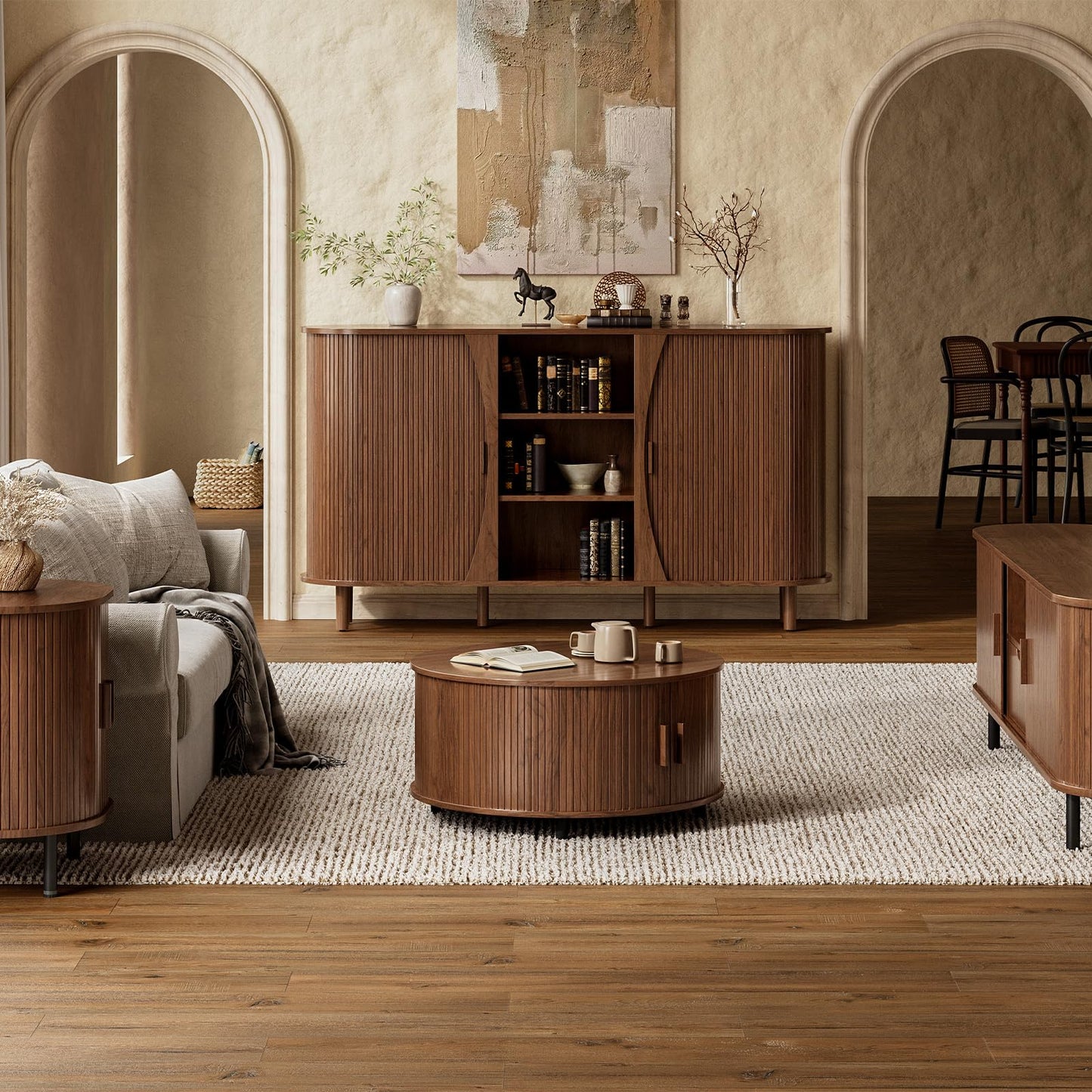 ONBRILL 59" Curved Buffet Cabinet with Storage, Sideboard Cabinet with Adjustable Shelves, Mid-Century Modern Buffet Cabinet with Sliding Doors and 6 Wood Legs, Storage Cabinet for Living Room, Walnut