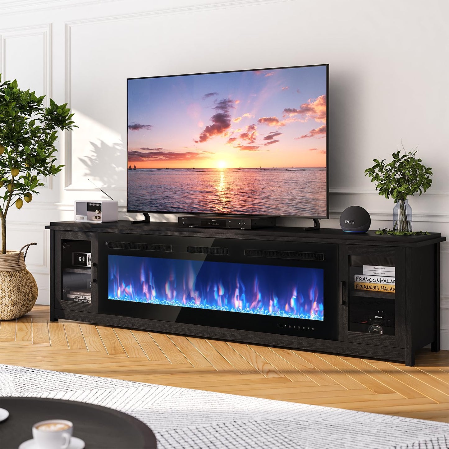 MXV 90" Fireplace TV Stand, Modern Entertainment Center with 60 Inch Electric Fireplace, Adjustable Shelf & Glass Door, Fire Place TV Console for Living Room, Black