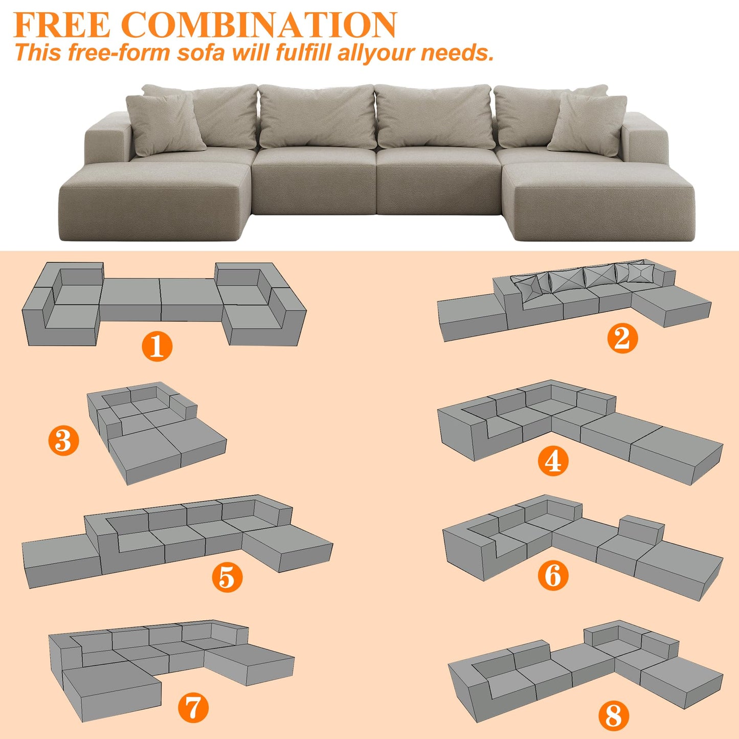 KEIKI Upholstered Sectional Sofa Set, 162" L Shaped Sponge Cloud Sofa, Sectional Couch with 6 Pillows, Chenille Sectional Couches for Living Room, Beige