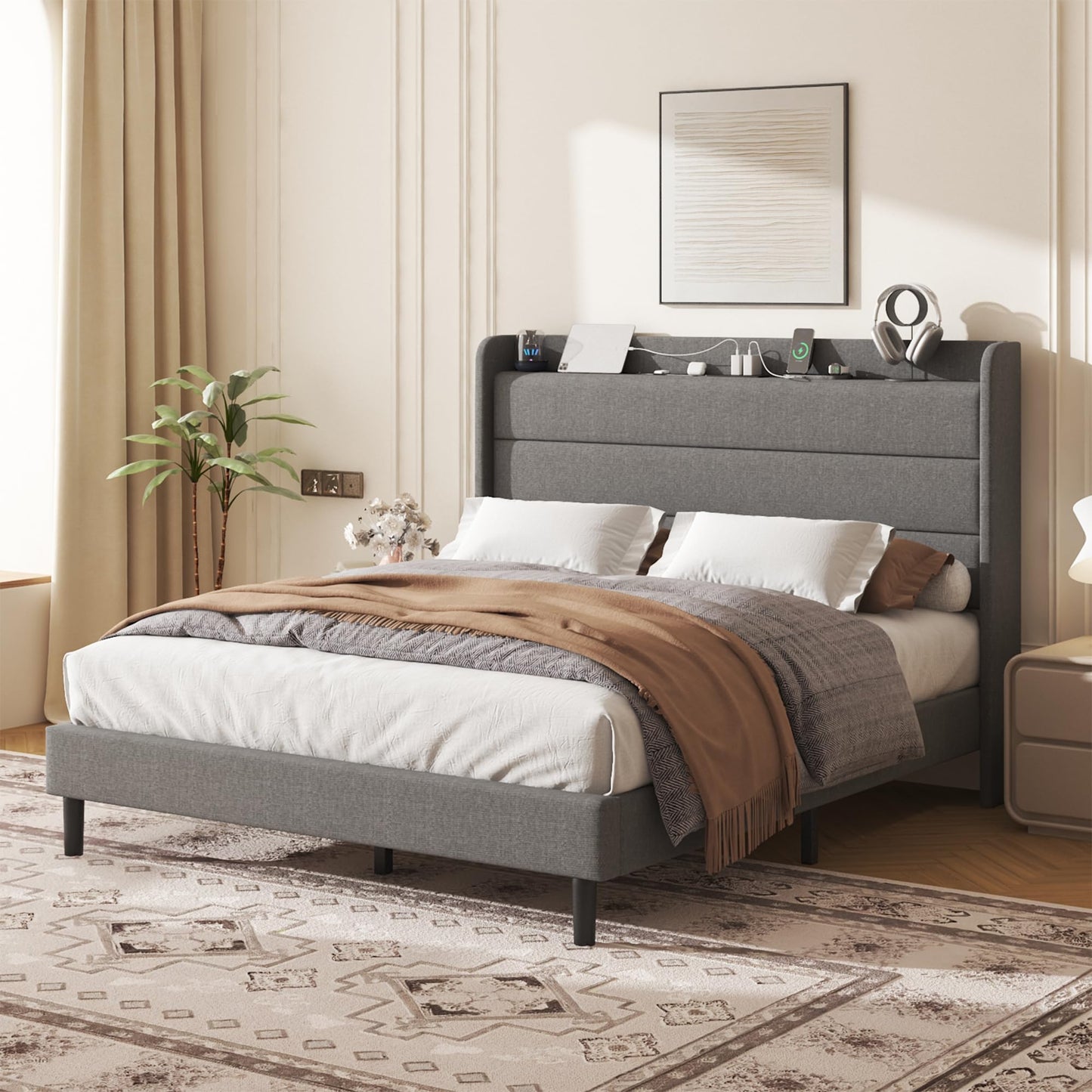 Lcwtvgxr Full Size Linen Multifunctional Bed Frame, Wingback Headboard with Charging Station & Storage Shelf, Upholstered Platform Bed, Noise Free, No Box Spring Needed, Easy Assembly, Grey