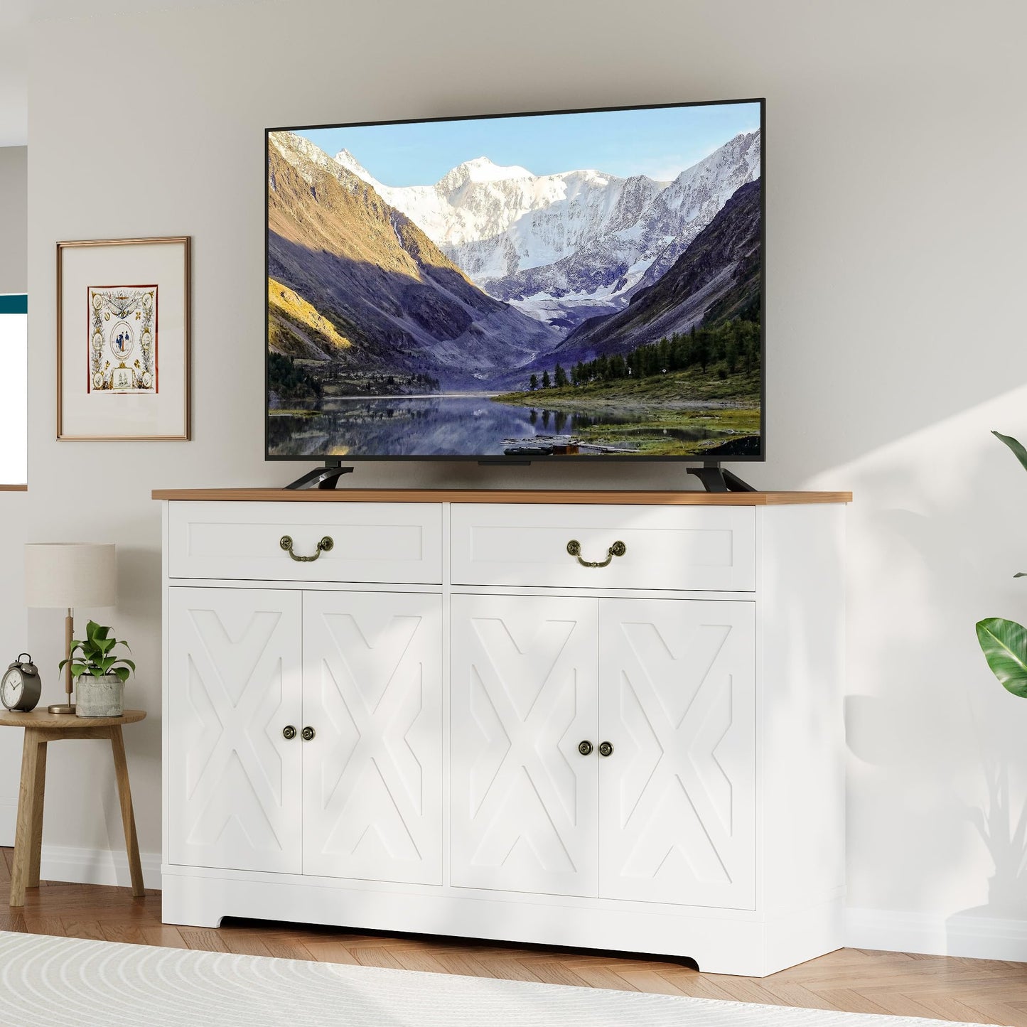 GarveeHome 57 in Modern Farmhouse Sideboard Buffet Cabinet with 2 Drawers & Adjustable Shelves, Large Kitchen Storage Cabinet, Dining Room Coffee Bar Organizer, White