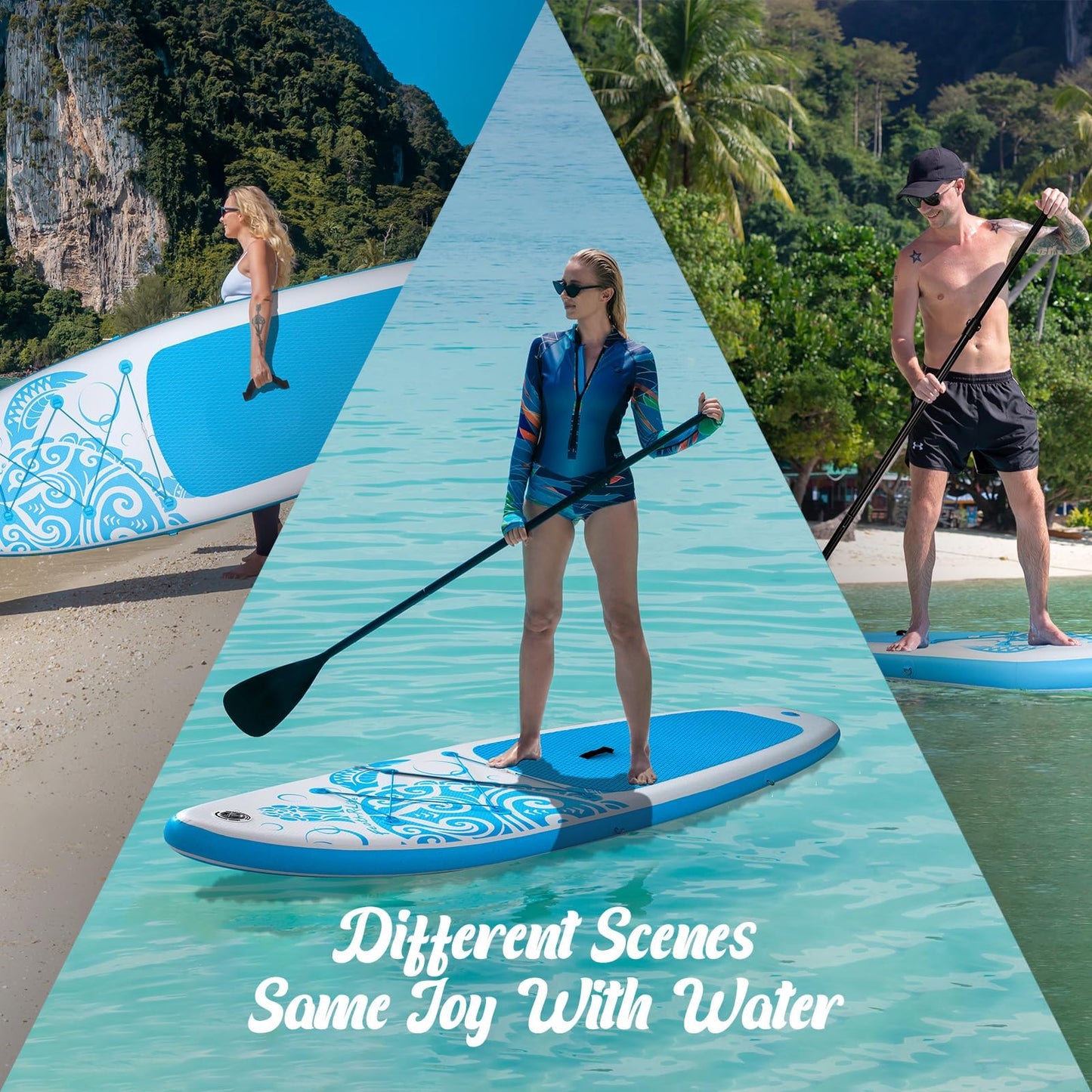 FEATH-R-LITE Inflatable Paddle Board Stand Up Paddleboards for Adults SUP with Premium Accessories Pump, Adjustable Paddle, Leash, Three Fins, Backpack (Light Blue)
