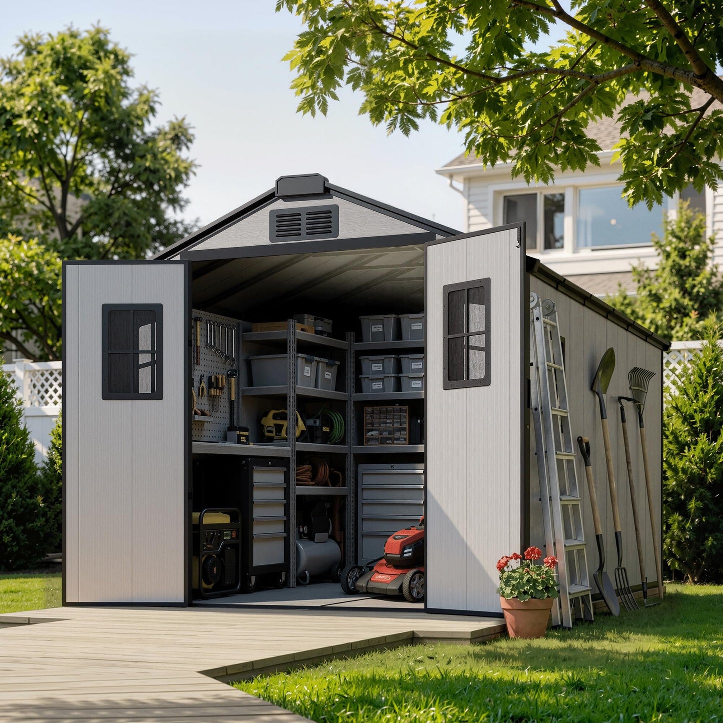 8X12 FT Large Outdoor Storage Shed with Floor, Oversized Waterproof Heavy Duty Resin Garden Tool Shed, Backyard Lawn Sheds with Windows, Lockable Door and Vents for Patio Outside