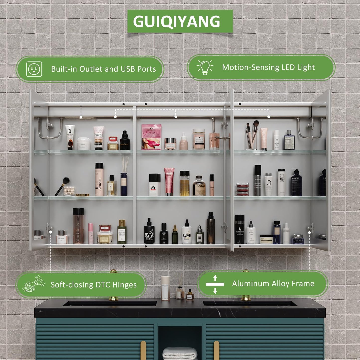 GUIQIYANG Medicine Cabinet with Lights, Bathroom LED Mirror Cabinet with Storage, Anti-Fog & 3 Color Lights, Recessed or Wall Mounted (60X32 in)