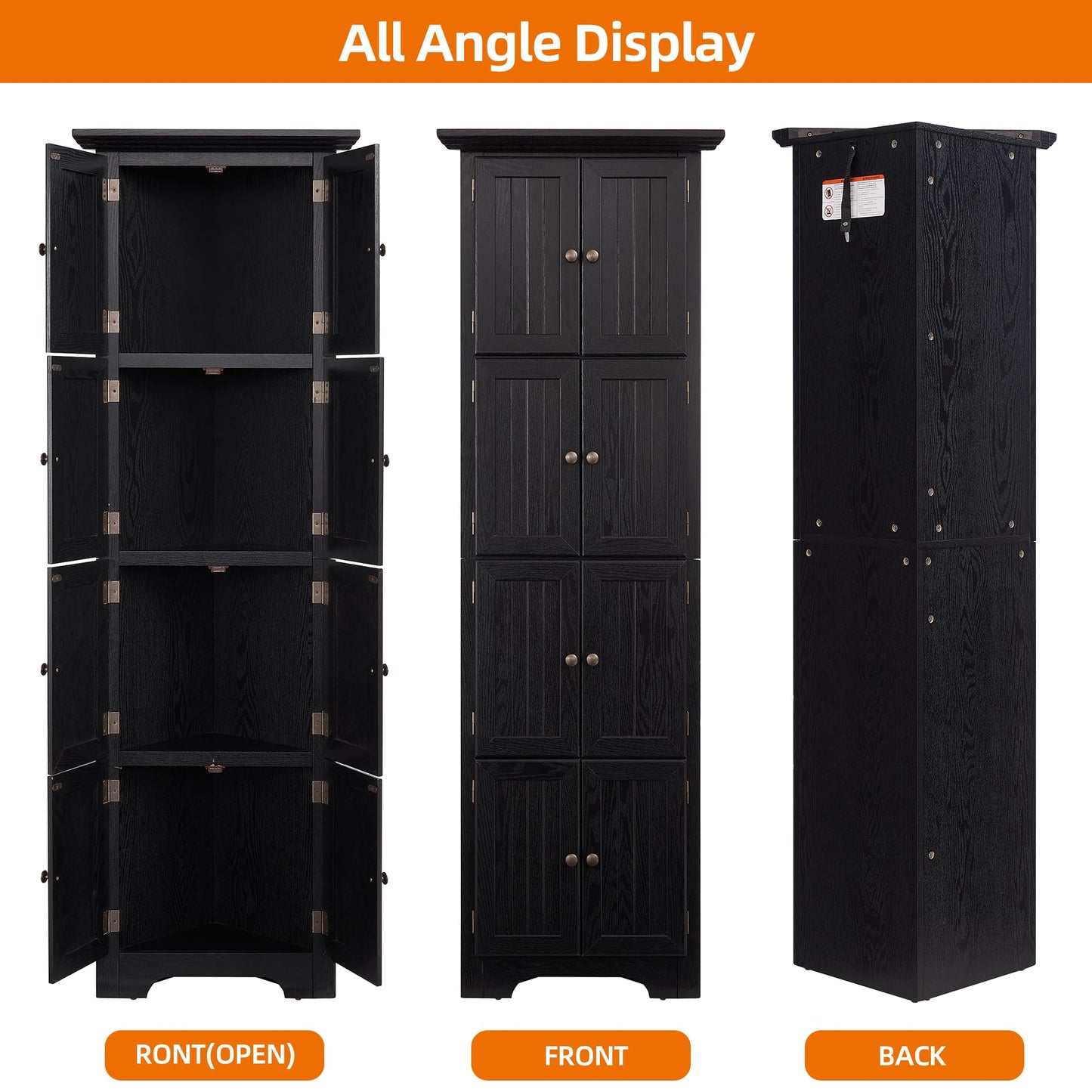 Trygoal 4 Tier Farmhouse Corner Storage Cabinet, 72" H Kitchen Pantry Cabinet with 8 Doors & 4 Shelves, Corner Storage Rack for Living Room, Kitchen, Office, Black