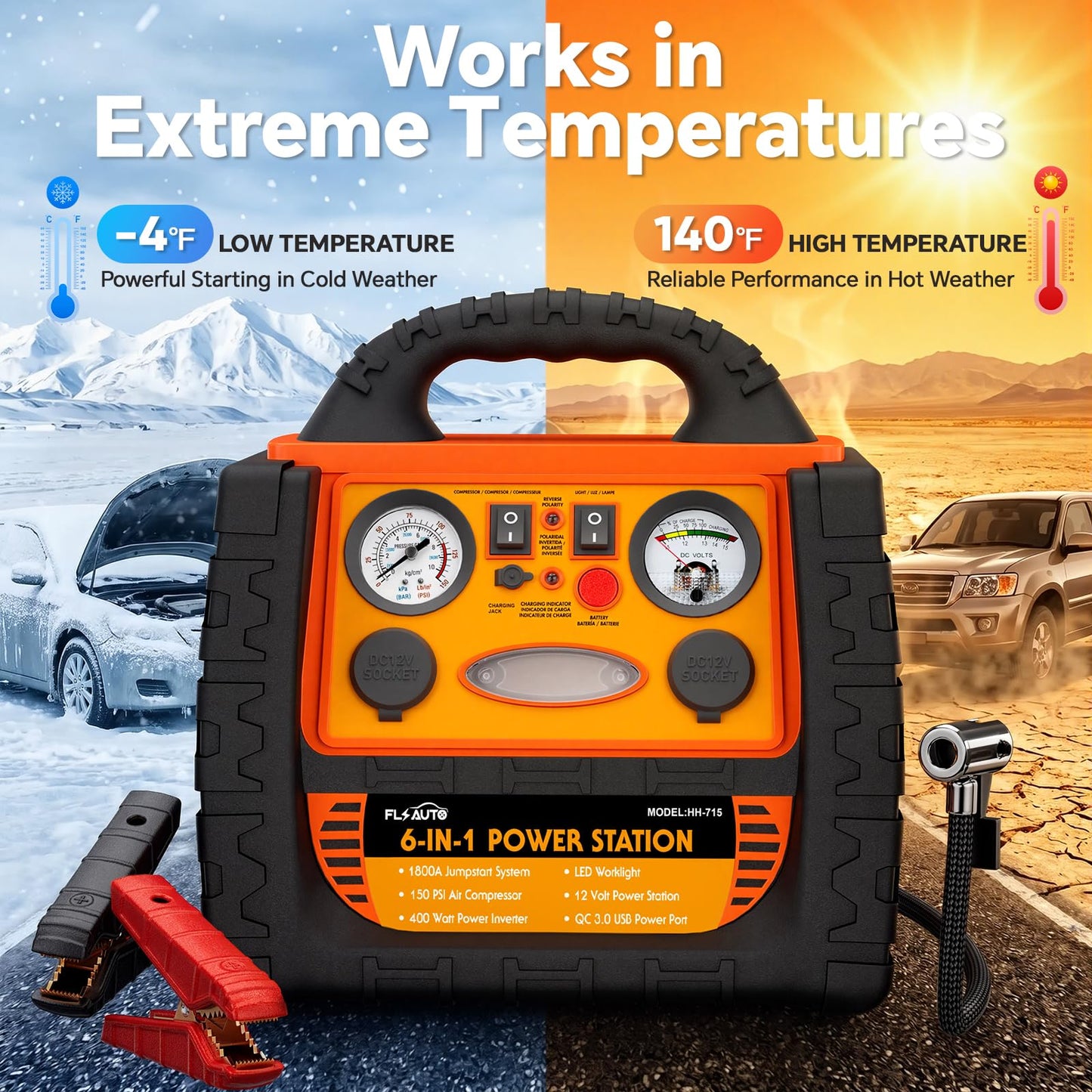 Portable Jump Starter with Air Compressor, FlyAuto 1800A Battery Booster for Cars, Trucks & SUVs, Up to 8.0L Gas & 6.0L Diesel, 150PSI Tire Inflator, Emergency Power Pack with AC/DC/USB