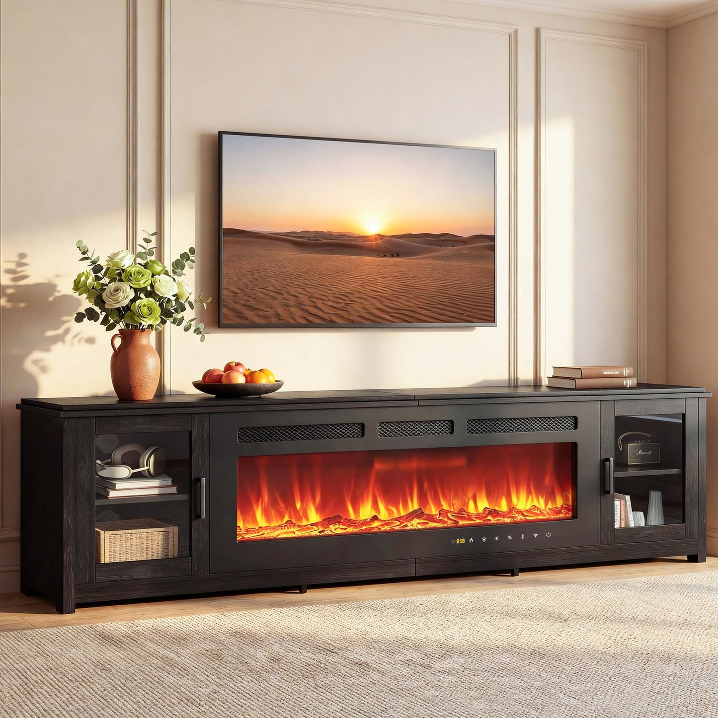 MXV 90" Fireplace TV Stand, Modern Entertainment Center with 60 Inch Electric Fireplace, Adjustable Shelf & Glass Door, Fire Place with WI-FI Enabled, TV Console for Living Room, Black