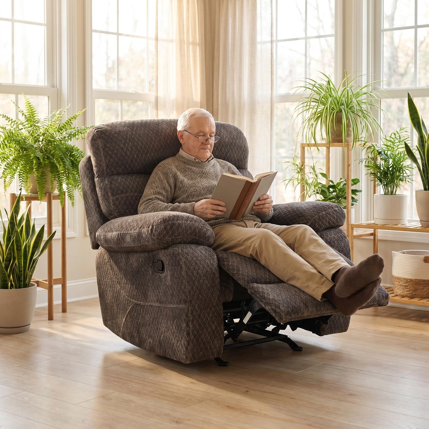 Trygoal Manual Recliner Chair, Nursery Chair, Cashmere Recliner Chair for Adults, Lazy Boy, Gaming Recliner with Overstuffed Arms, Suitable for Home Theater, Living Room, Bedroom, Brown