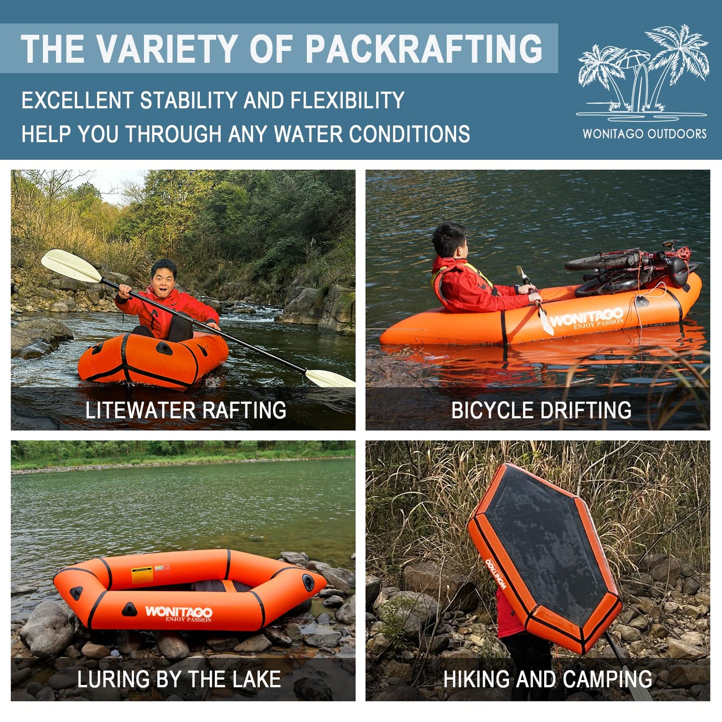 WONITAGO Packraft TPU Inflatable Travel Kayak with Soft Seat Lightweight Packrafts for Flat Water Rafting/Bicycle Drifting/Litewater Dinghy, 1 Person, 6.8Ft, Orange