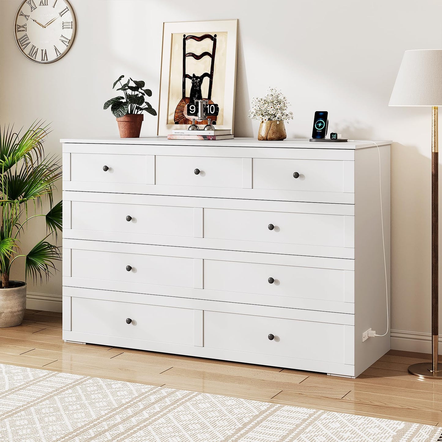LIVAUVEAD Queen Murphy Bed with Storage & Charging Station, Murphy Cabinet with Foldable Panel, Noisy Free, for Guest Bedroom, Living Room, Office, Distressed White