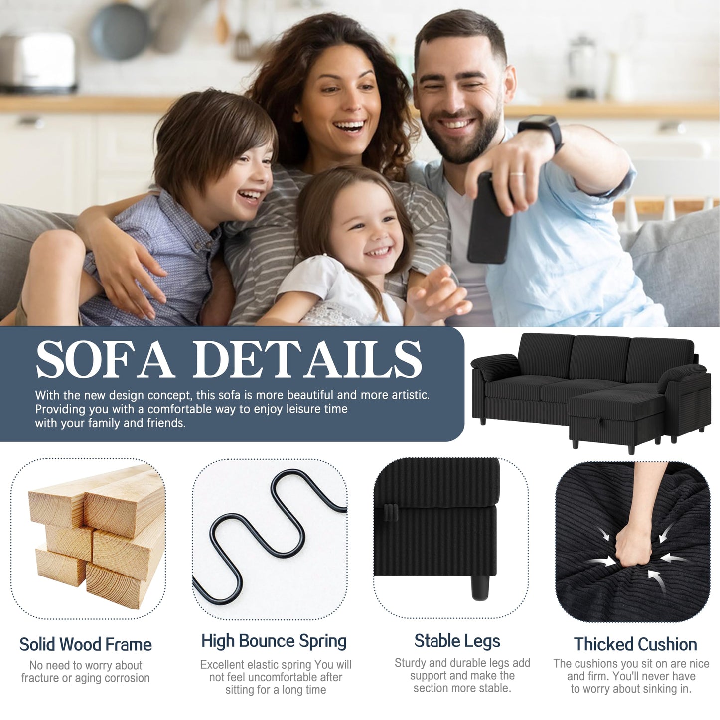 Meilocar Sectional Couch for Living Room, 79in Sectional Sofa with Ottoman, L Shaped Couch with Armrests Side Storage Pockage, 3-Seat Sofa Couches for Apartment, Black