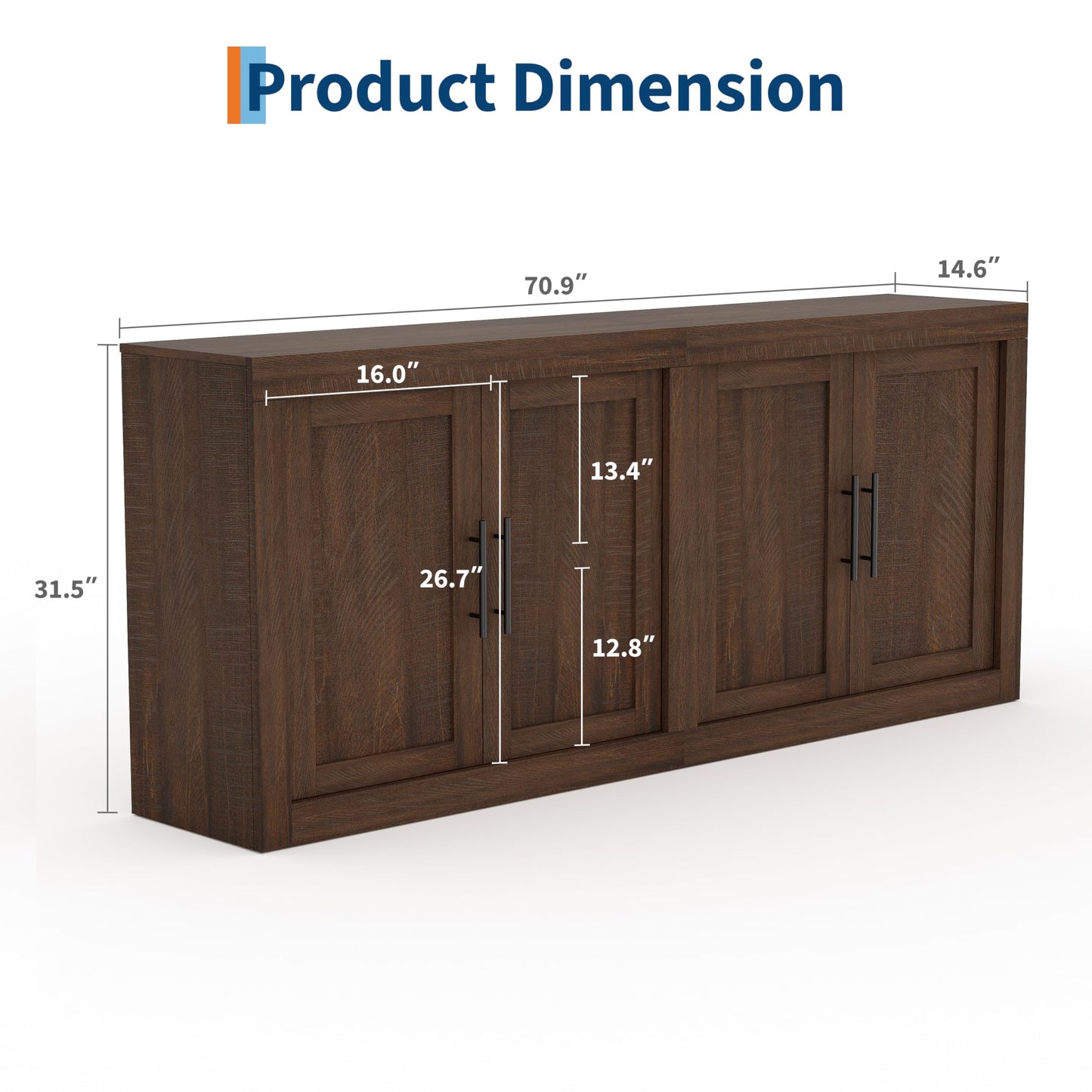 GarveeHome 70.8 in Sideboard Buffet Cabinet with Storage, Mid Century Modern Accent Cabinet with 4 Doors, Wood Coffee Bar Media Console Credenza for Living Room, Kitchen, Hallway, Brown