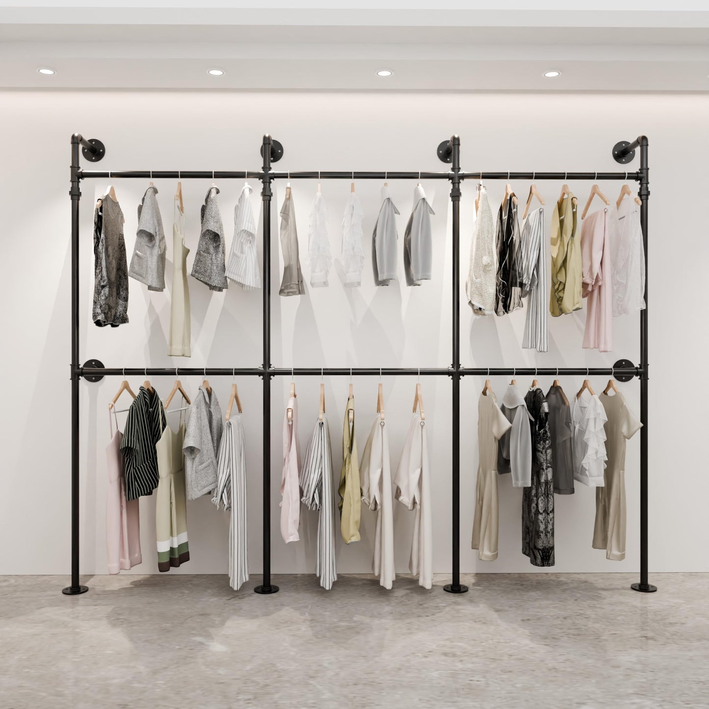 Teneyu Industrial Pipe Garment Rack, Reversible L - Shaped Wall - Mounted Clothing Rack, 106.3" Heavy Duty Closet Wardrobe System, Black Powder - Coated Steel for Walk - in Closet