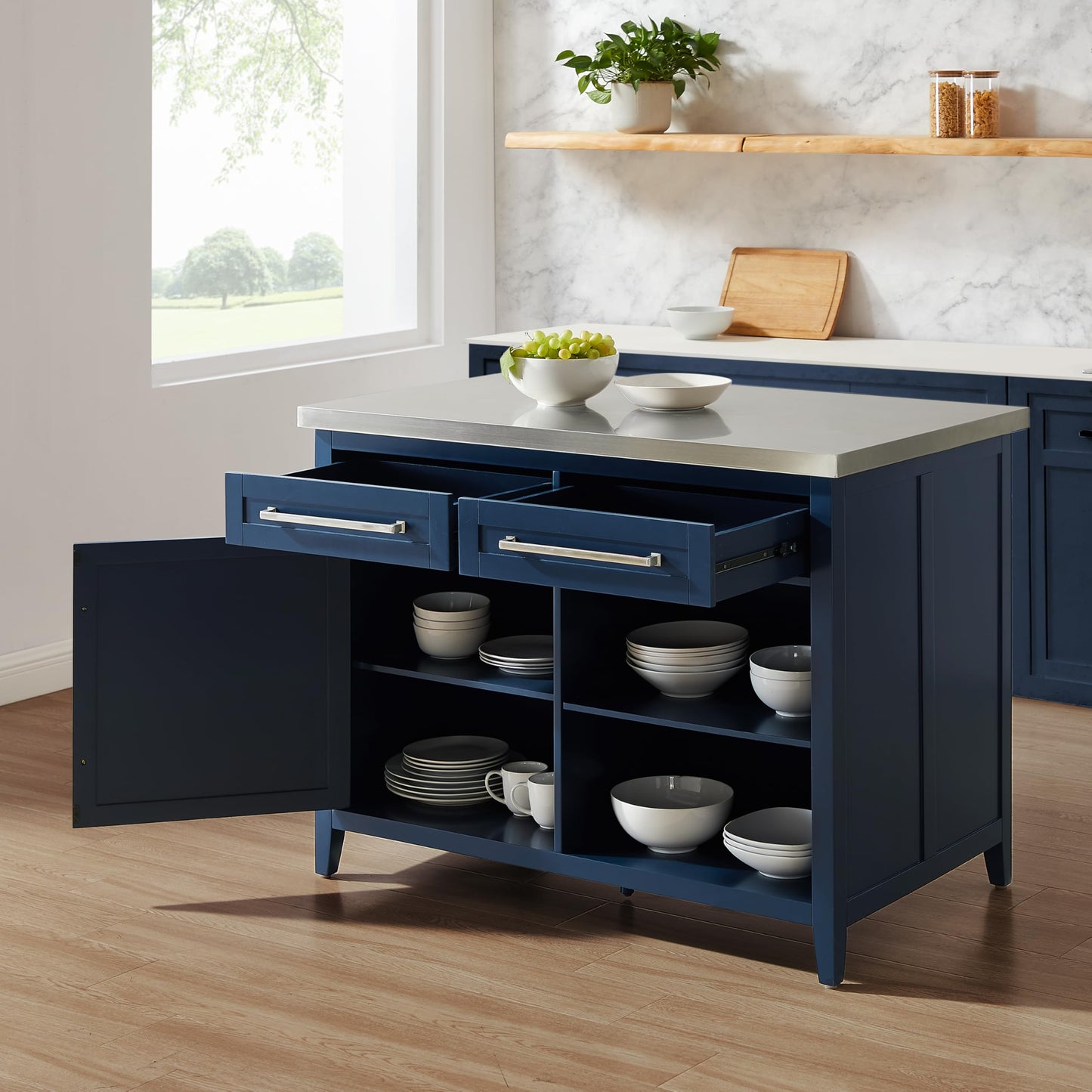 Crosley Furniture Silvia Stainless Steel Top Kitchen Island, Microwave Stand, Coffee Bar, with Shelves, Navy/Stainless Steel