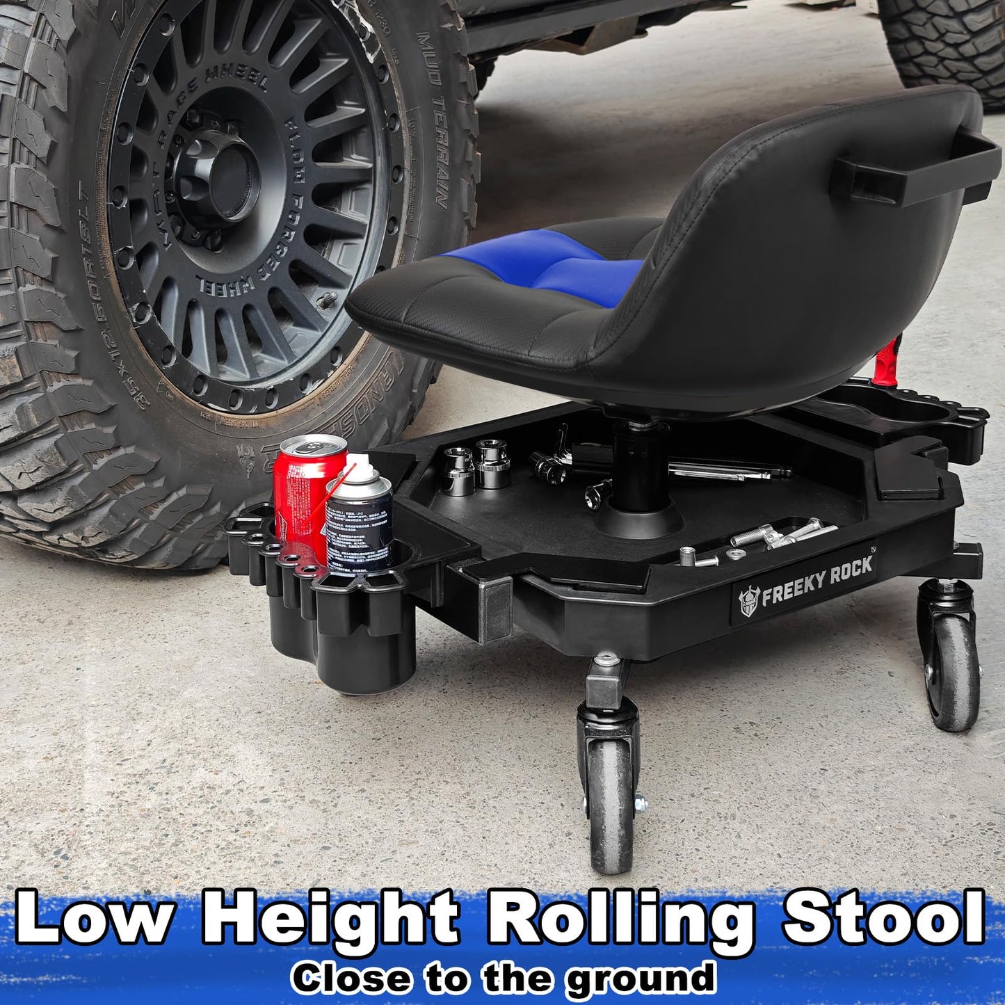 FREEKYROCK Rolling Stool with Wheels, Adjustable Height Pneumatic Garage Work Mechanic Stool Seat with Backrest, 400 LBS Capacity 360° Swivel Mechanic Crepper Chair with Tool Tray Storage, Blue