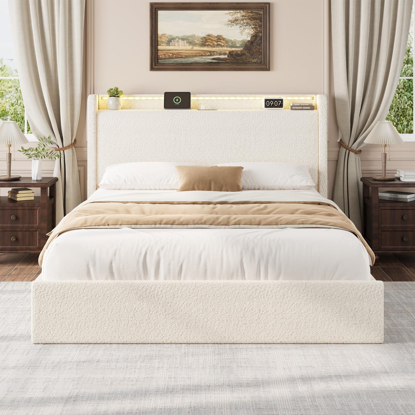GarveeHome Boucle Queen Size Bed Frame, Cloud Cream Platform Bed Frame with 4 Storage Drawer and Upholstered Headboard, Soft Boucle Fabric, No Box Spring Required, Easy Assembly, Cream