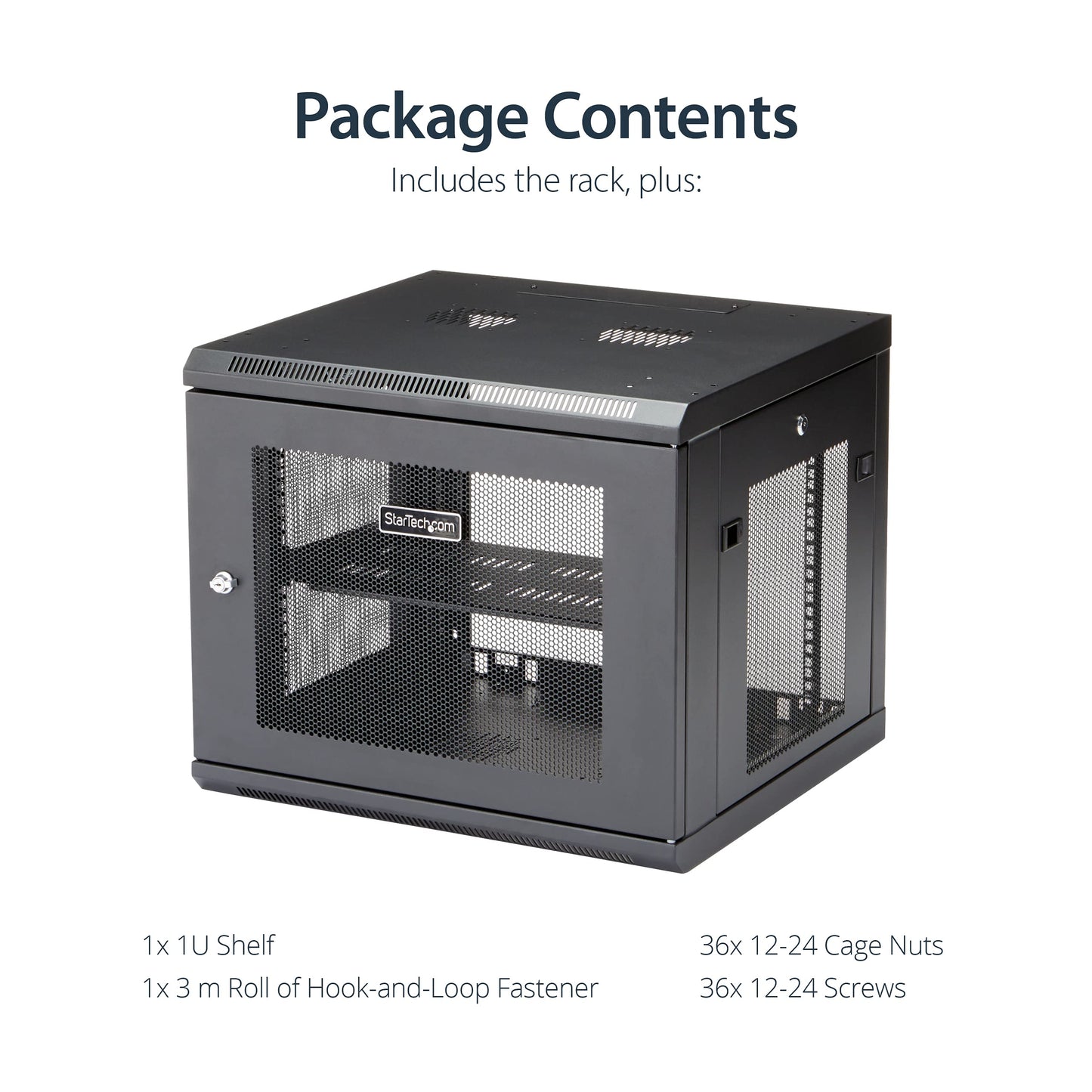 StarTech.com 4-Post 9U Wall Mount Network Cabinet w/ 1U Shelf, 19" Wall-Mounted Server Rack Kit for IT / Data Computer Equipment, Ships Fully Assembled