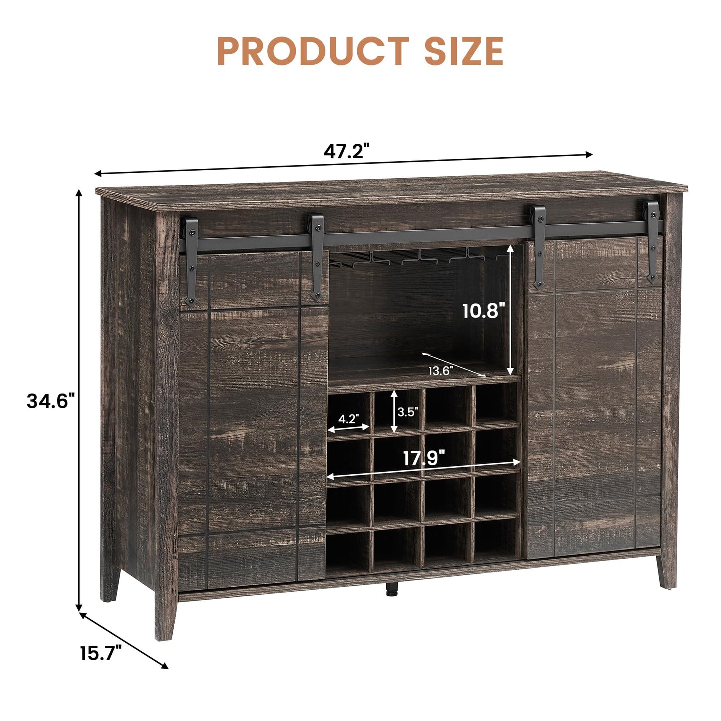 GarveeTech Farmhouse Bar Cabinet with Sliding Barn Doors, Rustic Liquor & Coffee Station with Wine Glass Racks & Adjustable Shelves, Buffet Sideboard for Dining Room, Kitchen, Entryway (Fire Finish)