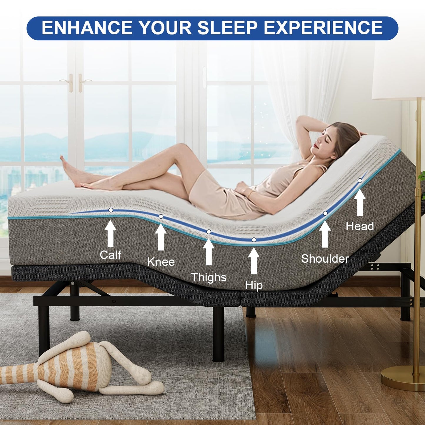 Vipbear Split King Adjustable Bed Frame with Mattress, 12" White Memory Foam Mattress – Electric Bed Base with Pillow-Tilt, Zero Gravity, Anti-Snore, Wireless Remote, USB Ports, Under-Bed Nightlight