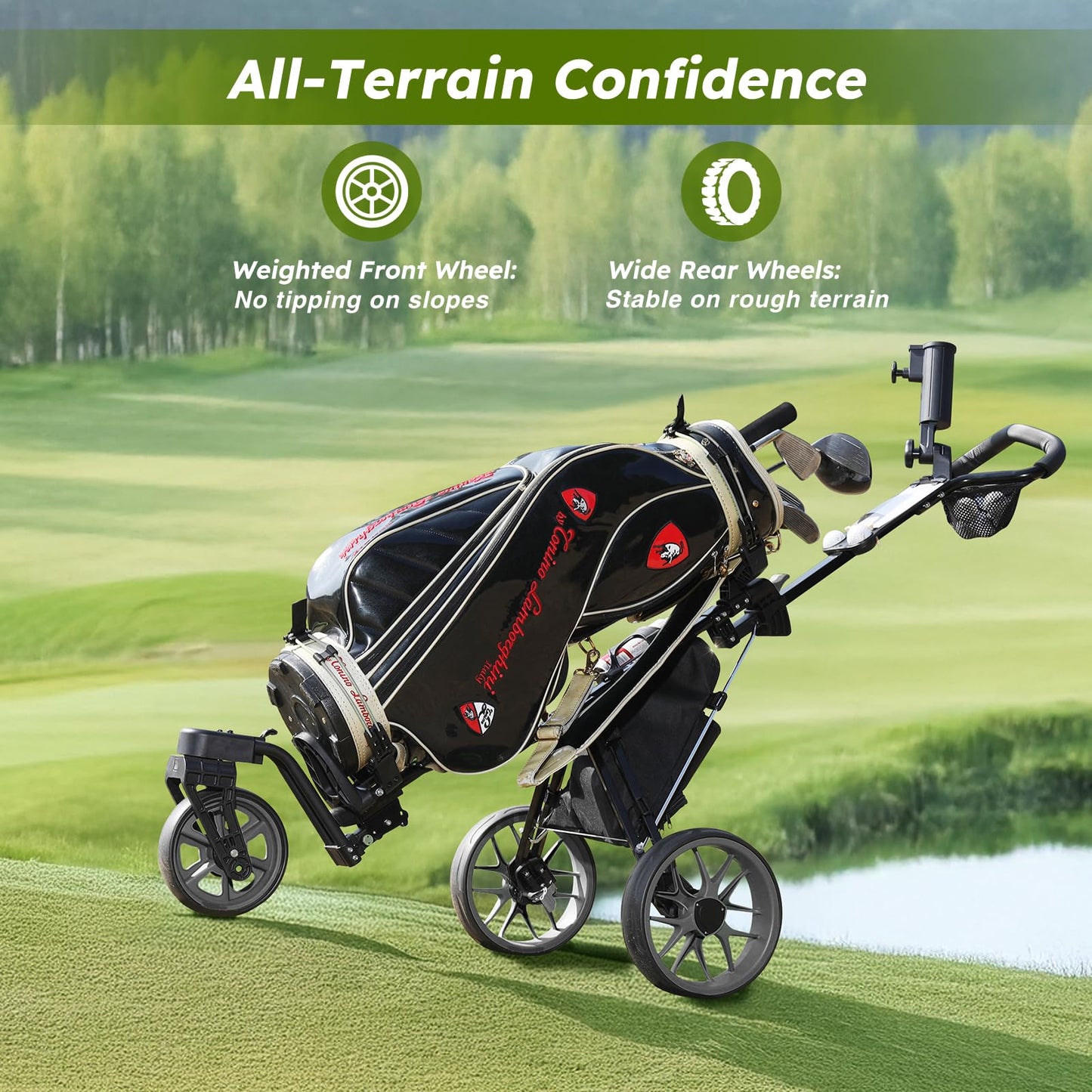 Tedycatt 360 Golf Push Cart: Lightweight Folding Swivel 3 Wheels Golf Caddy with Foot Brake, Cooler Bag, Drink& Umbrella Holder, Black Frame Gray Wheels
