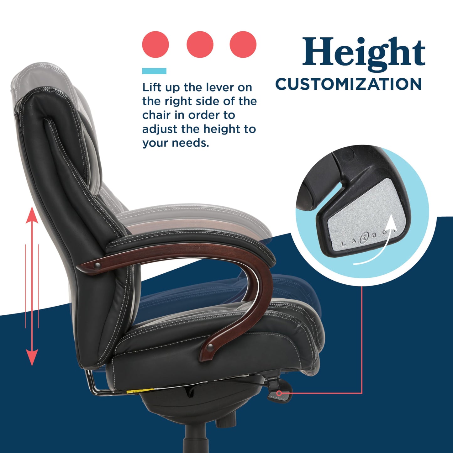 La-Z-Boy® Bellamy Executive Office Chair with Memory Foam Cushions, Real Wood Arms and Swivel Base, Waterfall Seat Edge, Faux Bonded Leather, Black