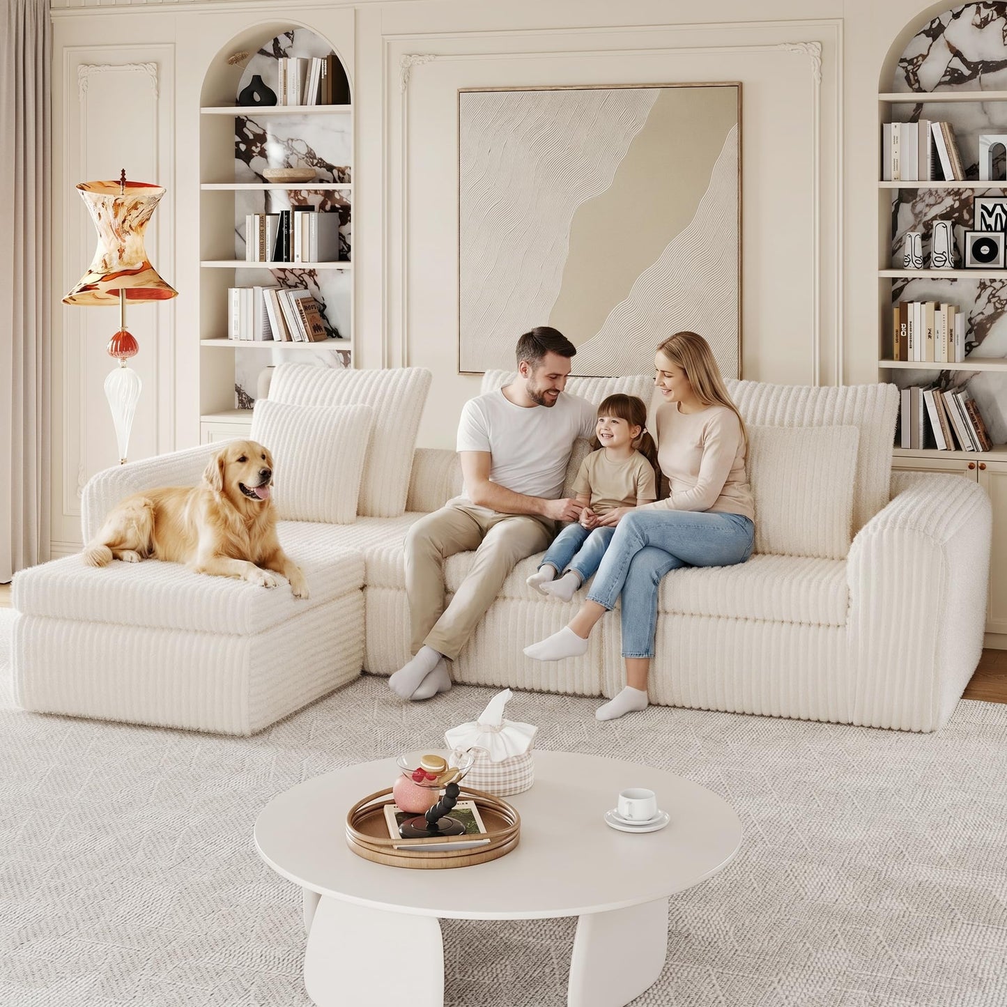 Feonase Modular Sectional Sofa, Cloud Sectional Couch with Deep Seat, 106.3'Modern Modular L Shape Sofa Couch with Chaise, Upholstered Boneless Couches for Living Room Bedroom, Beige