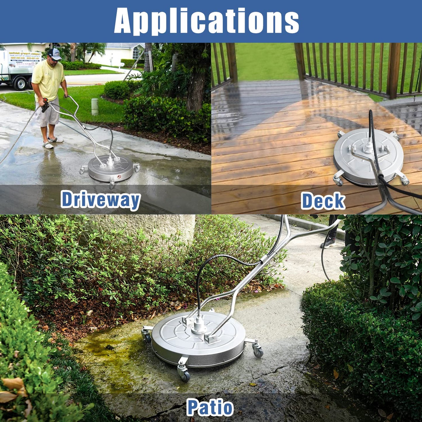 JANZ 24'' Pressure Washer Surface Cleaner with 4 Wheels,Dual Handle,Stainless Steel Housing, 4 Replacement Nozzle Cores and 2 Hose Adapters,Ideal for Driveways, Sidewalks,Patios,Decks Cleaning