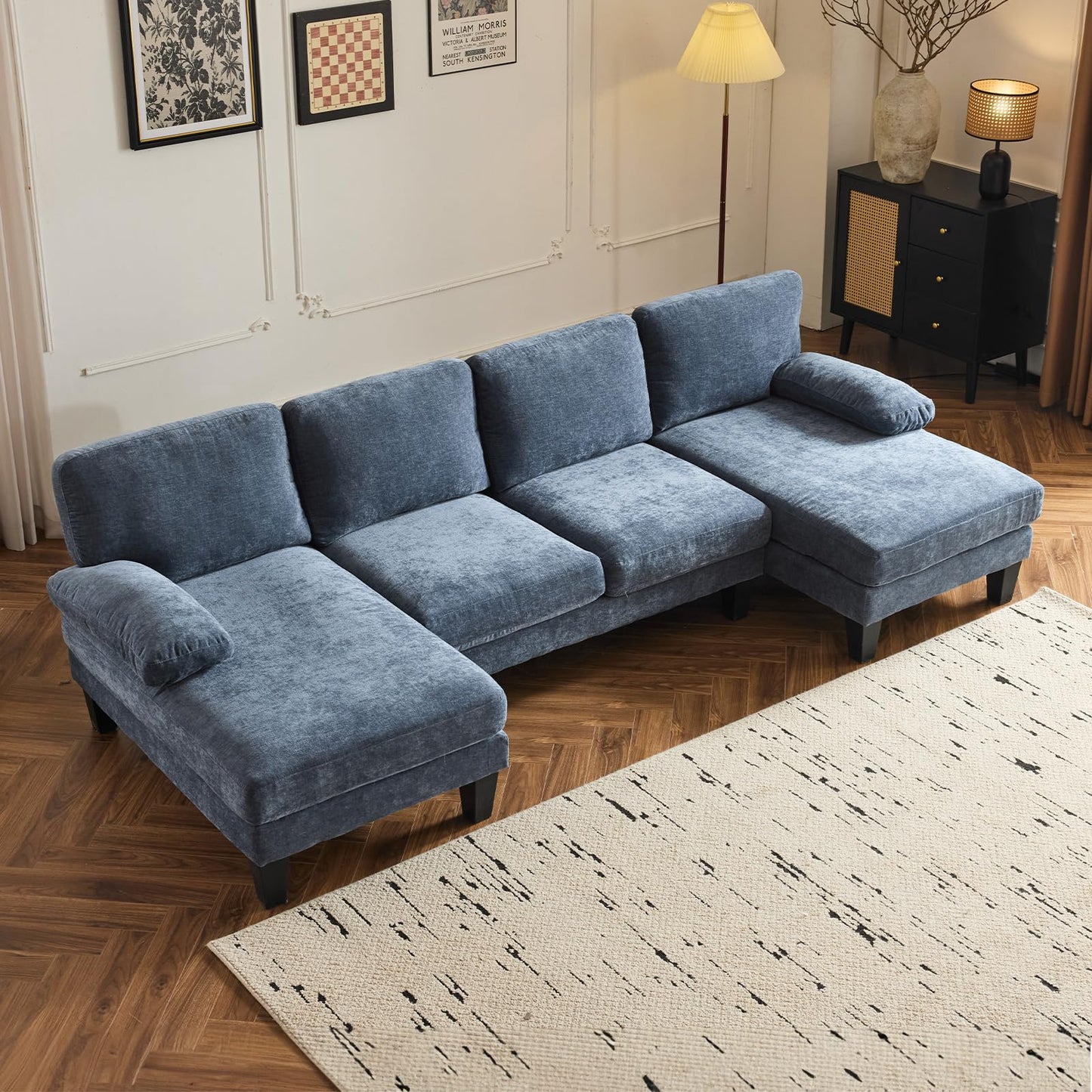 VINGLI 110" Sectional Couches for Living Room,U Shaped Couch with Double Chaise, 4-Seat Sofa Set with Corduroy Fabric for Home Furniture,Ocean Blue