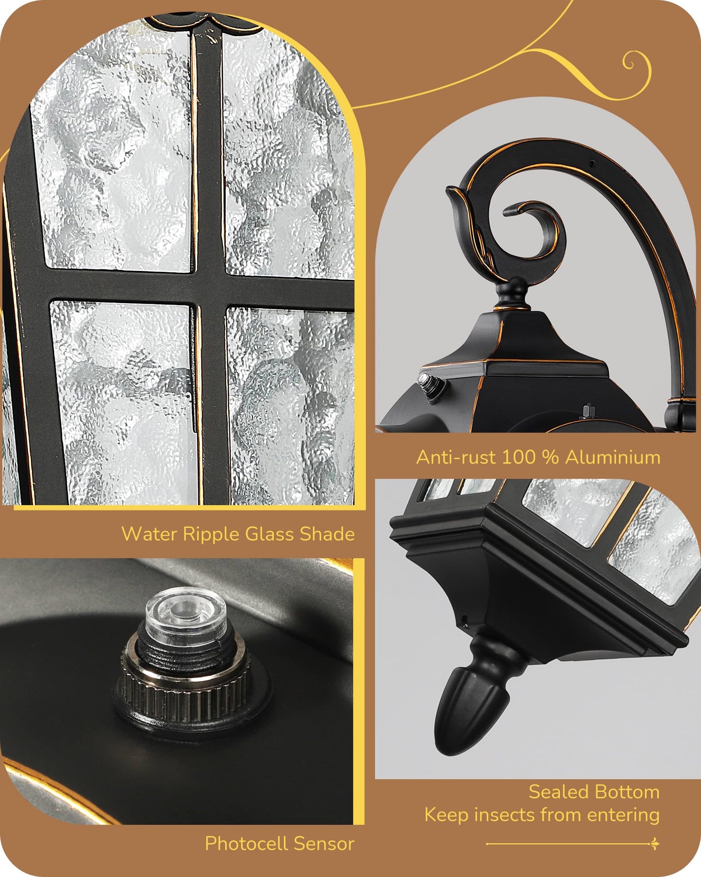 EDISHINE Outdoor Wall Light, Dusk to Dawn, Waterproof, Black, E26 Base, 2 Pack, Roman Large Size, Aluminum