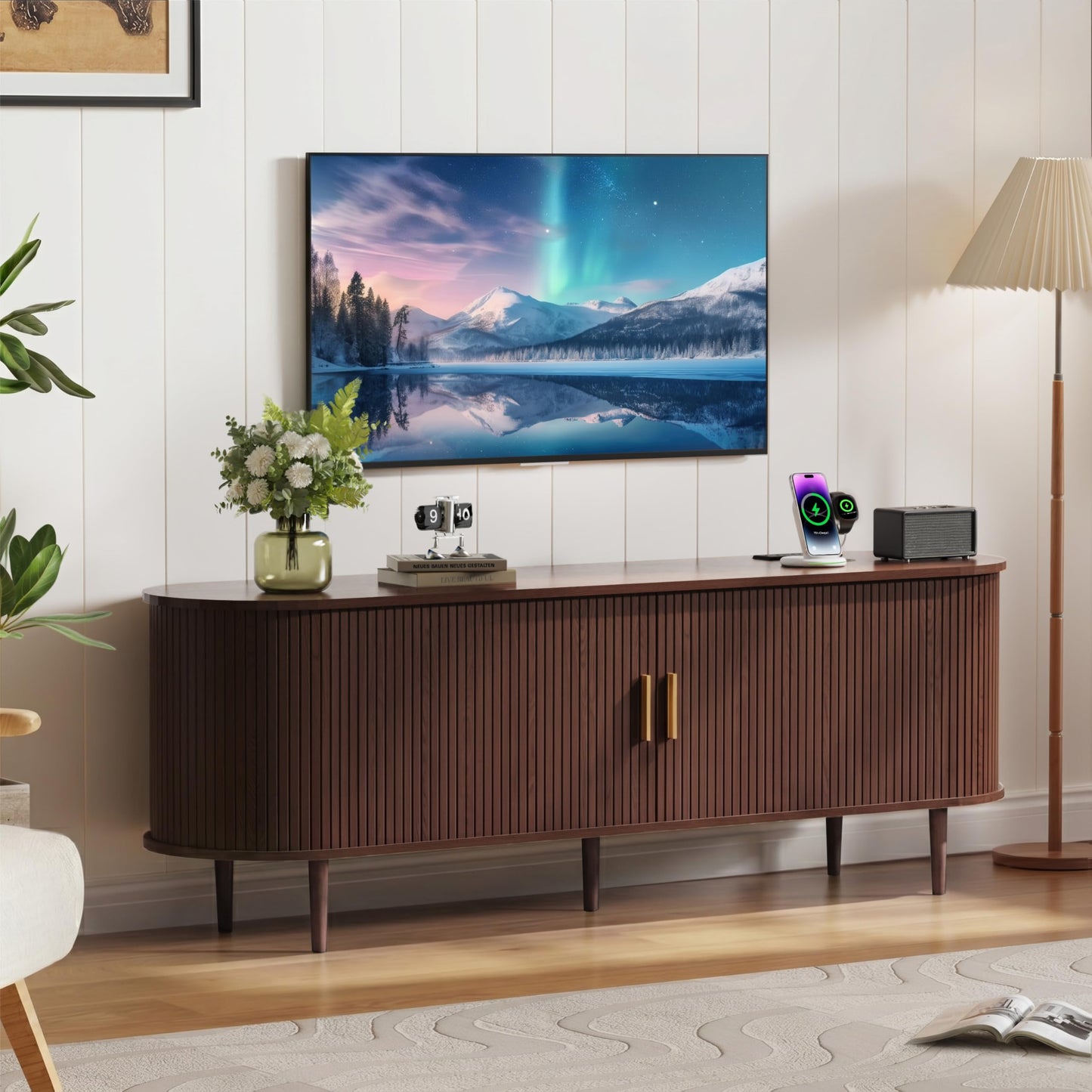 DHH 63 Inch Mid Century Modern TV Stand with Power Outlet for TVs up to 70 Inch, Entertainment Center with Storage and Adjustable Shelves, Media Console with Sliding Doors for Living Room(Walnut)