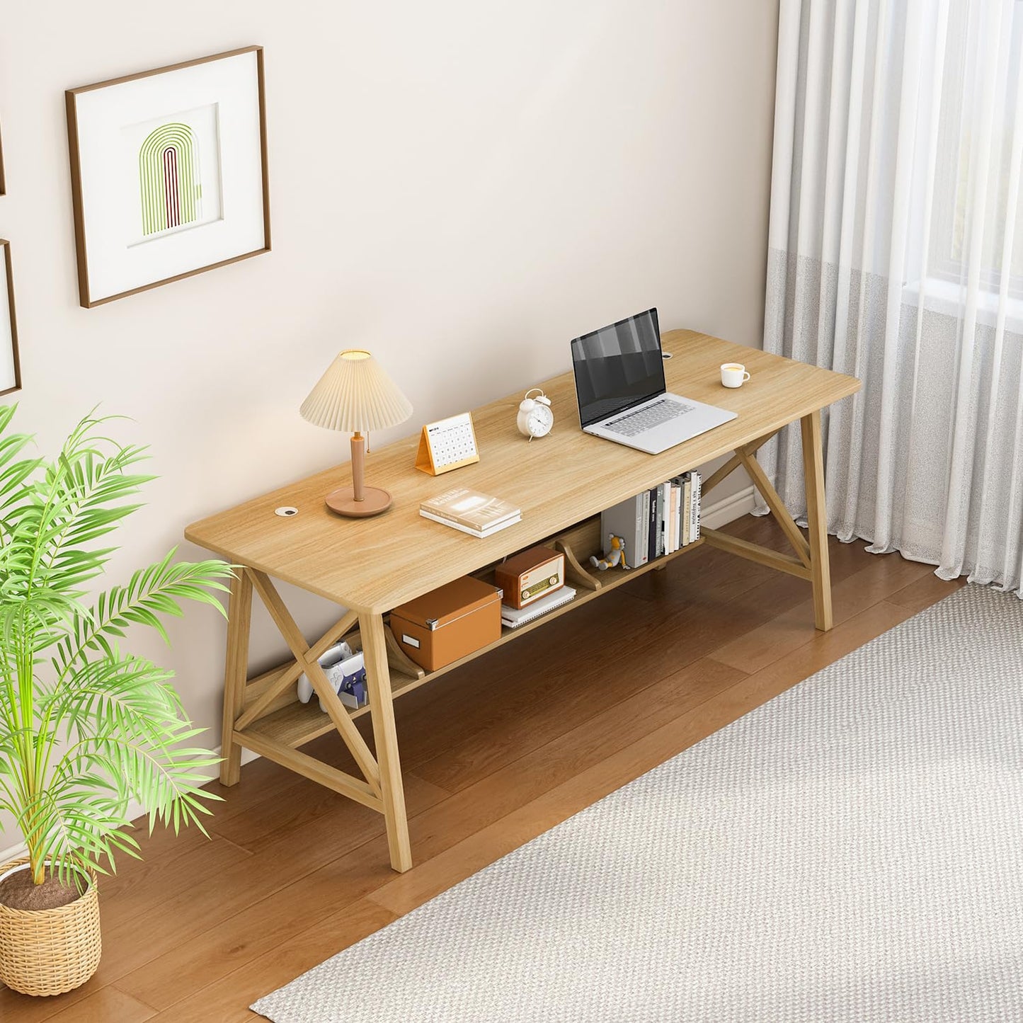 NELYE Extra Long Desk with Bookshelf - Wooden Home Office Work Study Table, 2-Person Writing Computer Workstation with Storage Shelf in Oak, 63" Wx24 Dx30 H
