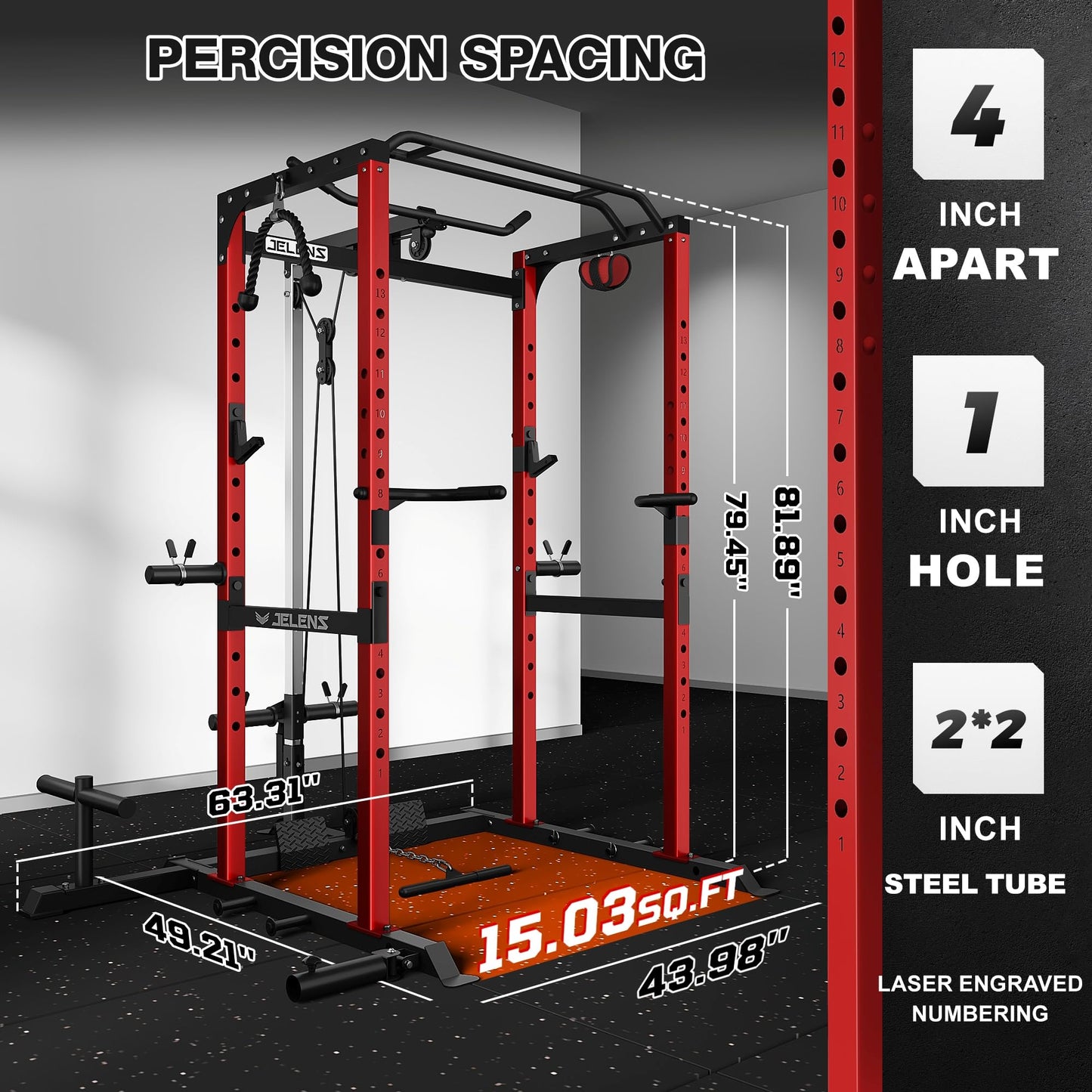 JELENS S21 Power Cage, Multi-Function Power Rack with Adjustable Cable Crossover System, 2000LBS Squat Rack for Home Gym with More Training Attachments (Red, 0823BK-05)