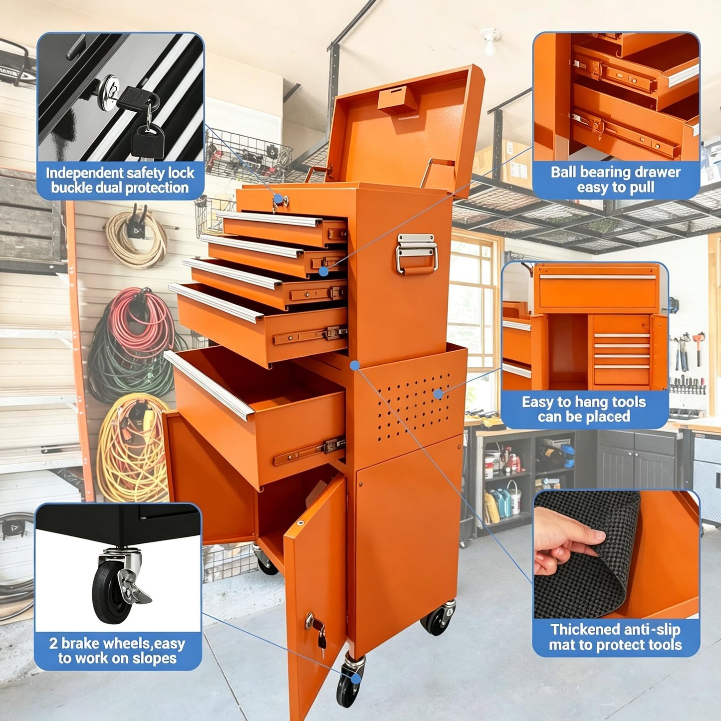 SierraSquad Heavy Duty 5-Drawer Rolling Tool Chest, 2-in-1 Detachable Top Tool Box, Locking Steel Storage Cabinet Cart on Wheels, Orange