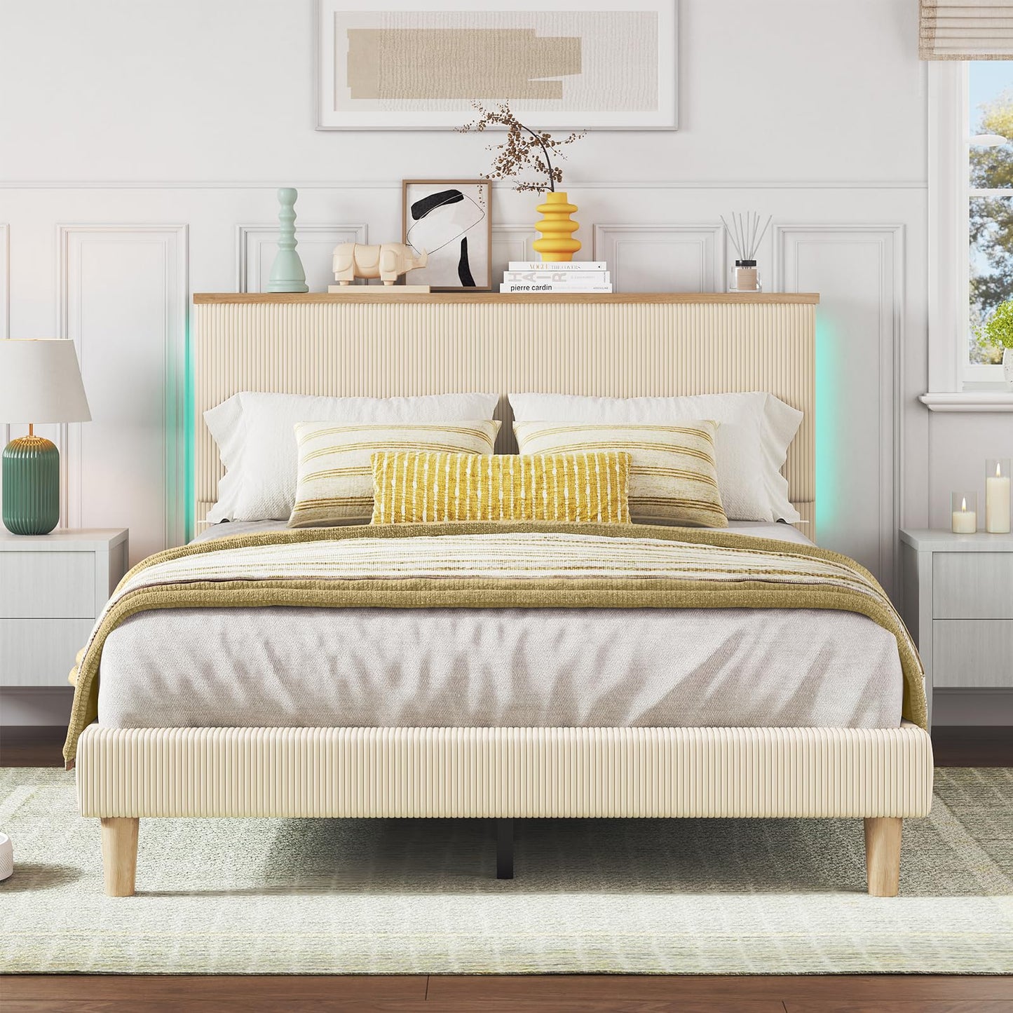 Bestier Queen Bed Frame with Adjustable Headboard & LED Lighting, Corduroy Upholstered Platform Bed Frame with Storage Shelf, Solid Wood Slats, No Box Spring Needed,Never Squeak, Easy Assembly, Beige