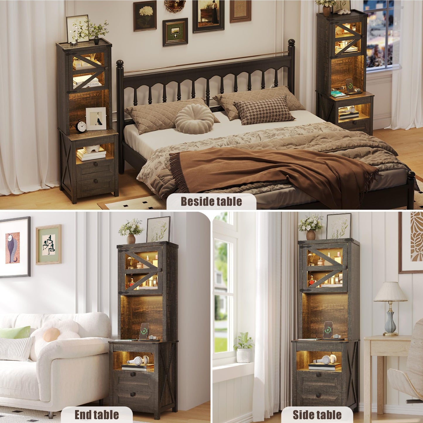 HWB Tall Night Stand with Charging Station and LED Lights, Farmhouse Nightstand with Gun Drawer&Adjustable Shelf, Bedside Table with 3 Drawers for Bedroom, Rustic Brown