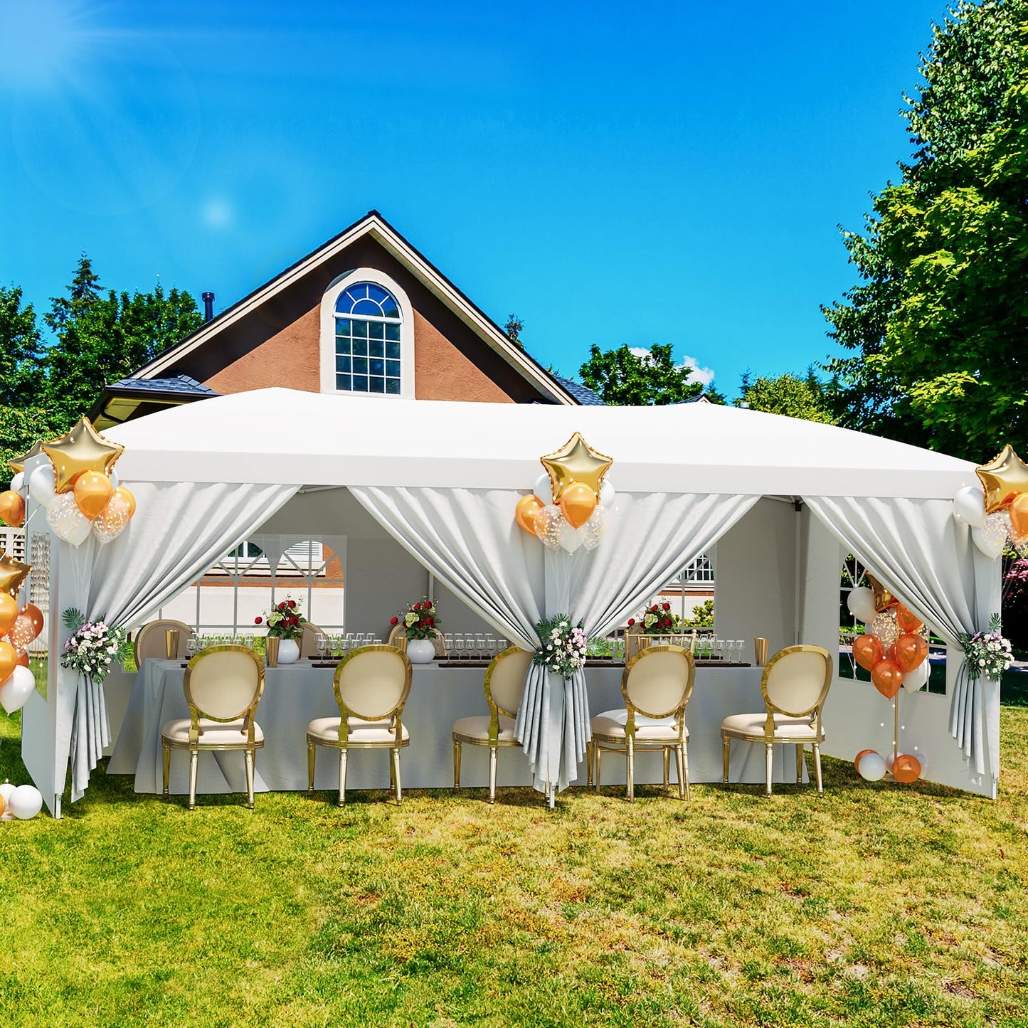 Garvee 10x20 Pop Up Canopy Tent with 6 Removable Sidewalls, Easy Up Commercial Canopy Tents for Parties, Large Heavy Duty Outdoor Canopies with 3 Adjustable Heights, Stakes X18, Ropes X6, White