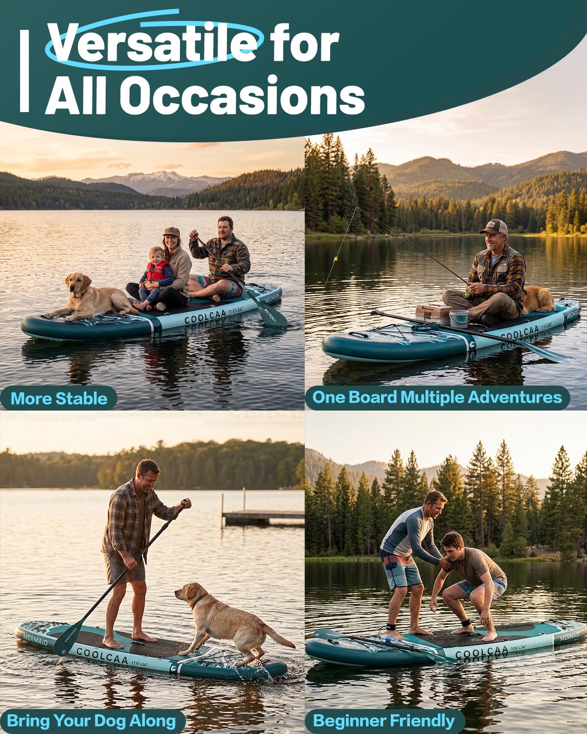 COOLCAA Mermaid 11'6" x 34" Extra Wide Inflatable Paddle Board, 490lbs Capacity Stable SUP for Family, Beginners & Dogs, Heavy Duty Fishing Paddle Board with Premium Accessories, Backpack & Pump