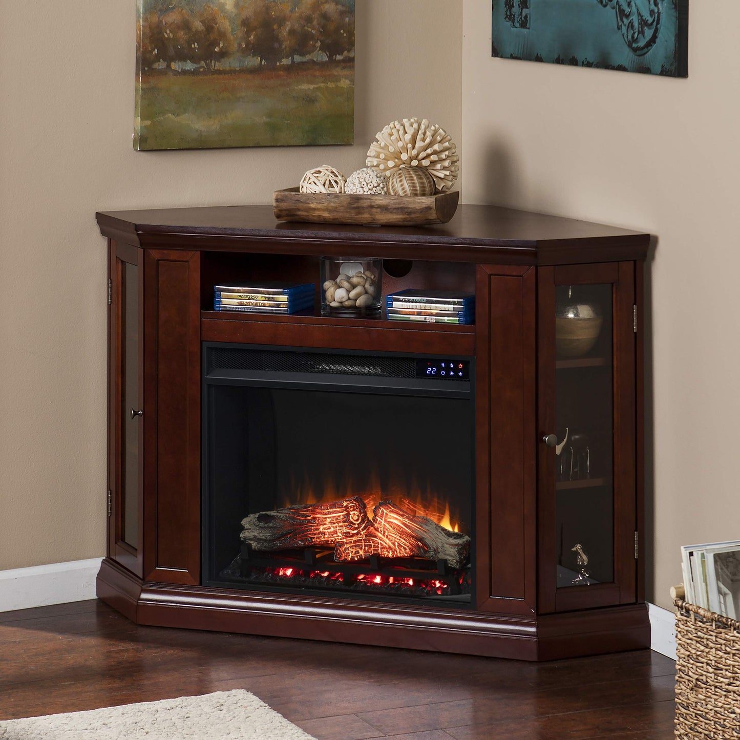 SEI Furniture Claremont Corner Convertible Electric Fireplace with Storage, New Cherry
