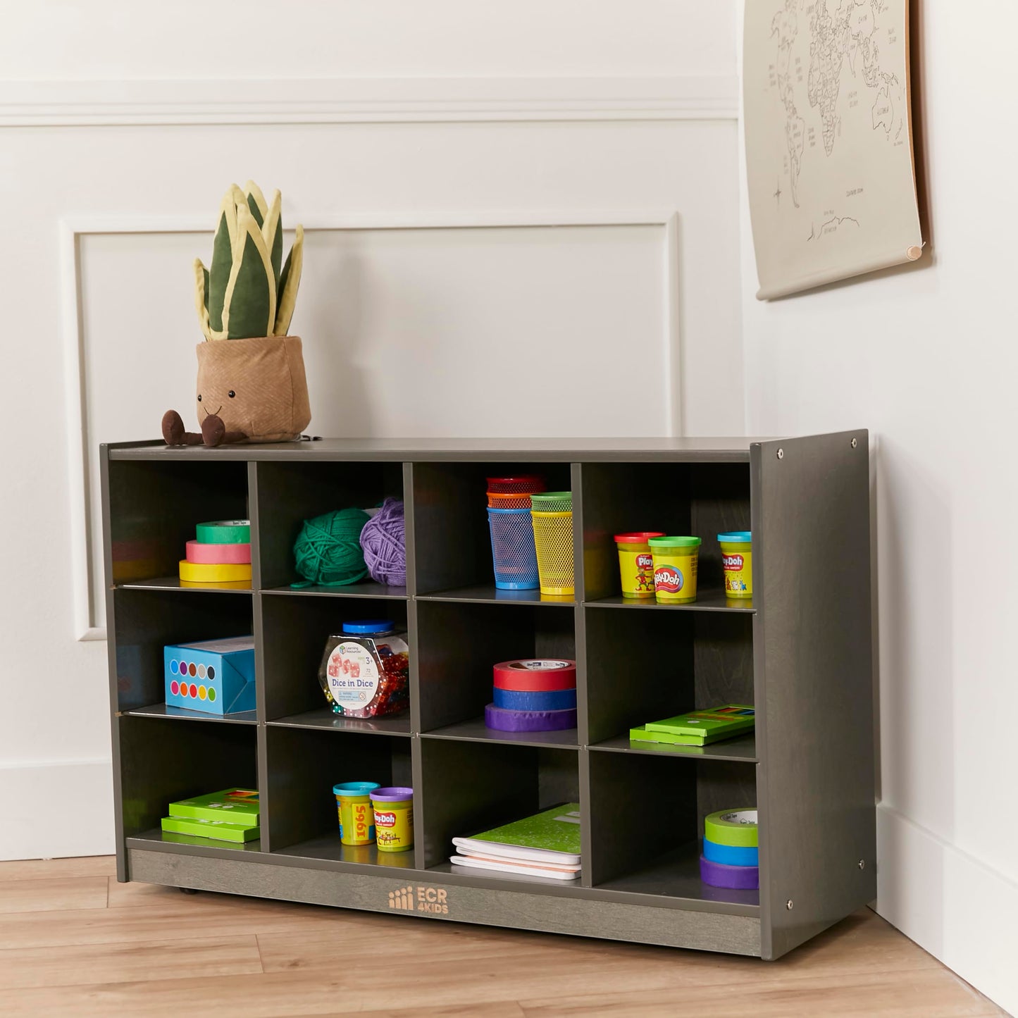 ECR4Kids 12 Cubby Mobile Tray Storage Cabinet, 3x4, Classroom Furniture, Grey Wash