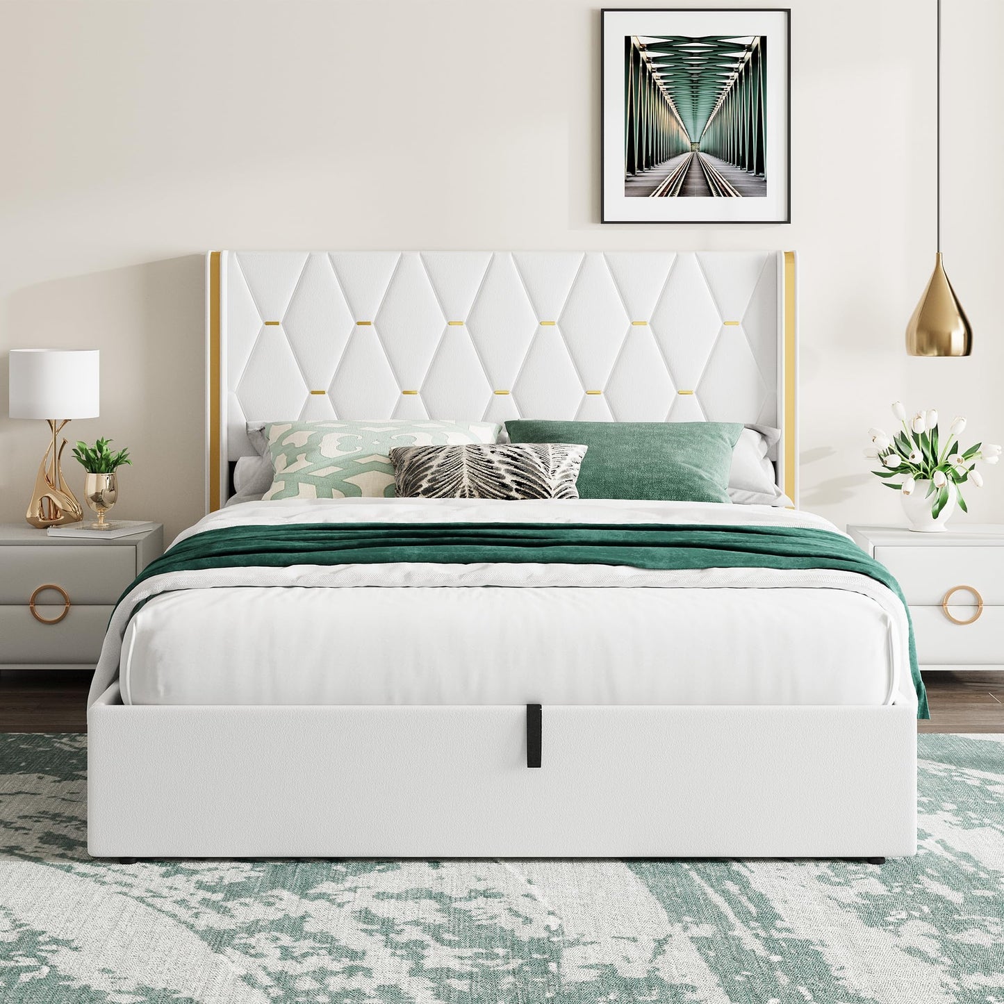 IDEALHOUSE Full Size Lift Up Storage Bed Frame, Modern Diamond Tufted Wingback Headboard, Hydraulic Support & Underneath Storage, Suede Upholstered Platform Bed, No Box Spring Needed
