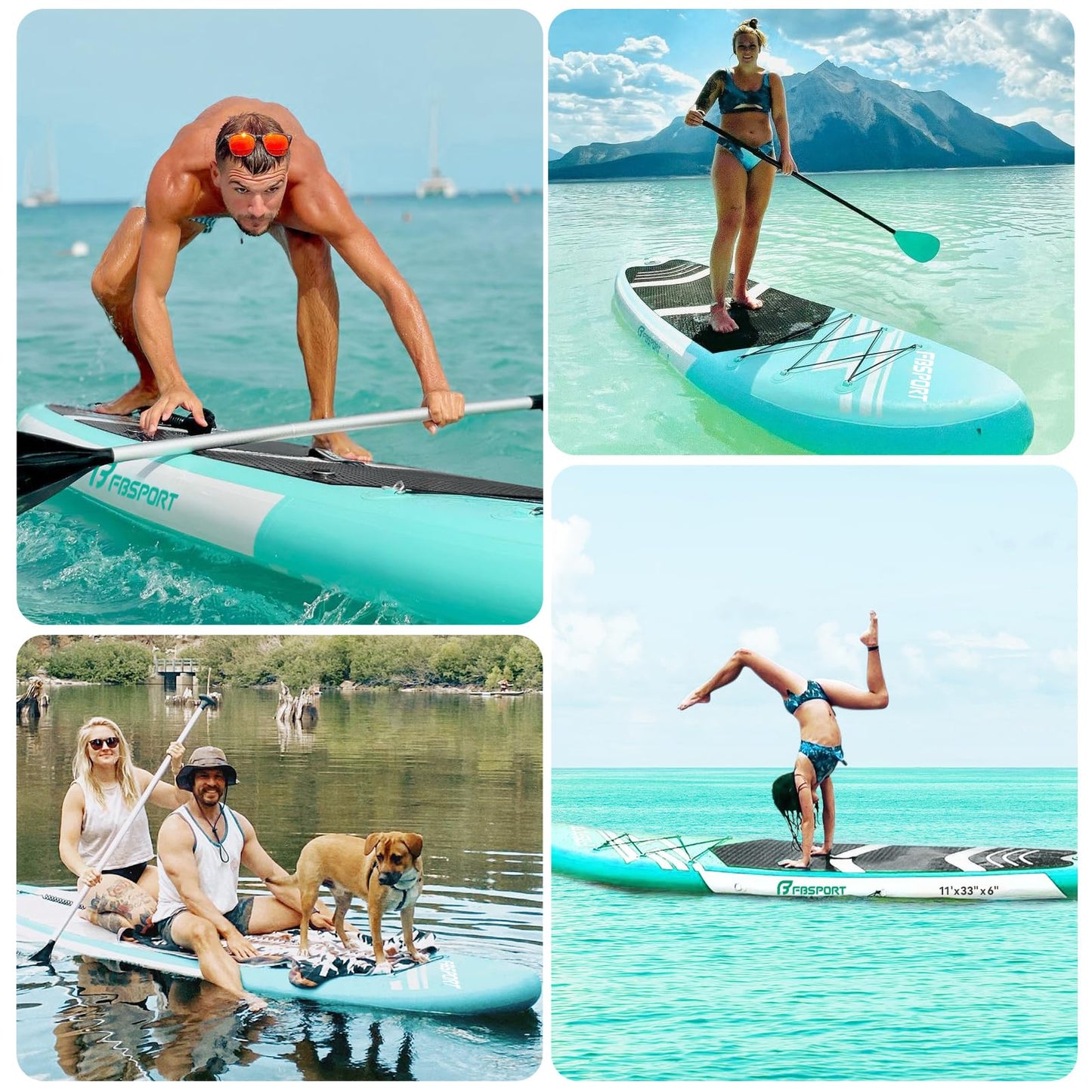 FBSPORT 11' Premium Stand Up Paddle Board, Yoga Board with SUP Accessories & Carry Bag | Wide Stance, Surf Control, Non-Slip Deck, Leash, Paddle and Pump for Youth & Adult (MintGreen)