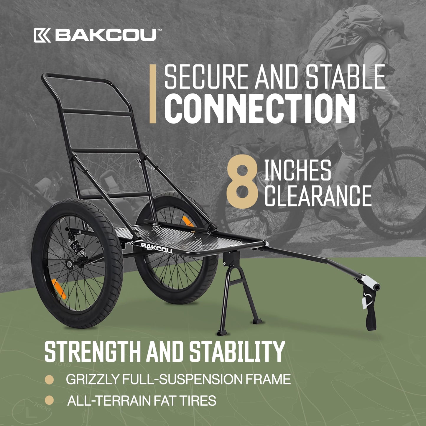 Bakcou - Folding Utility eBike Trailer - Hitch Attachment, Axle Extenders, 16x3 Fat Tires, Heavy-Duty Cargo Storage Cart with Canvas Liner