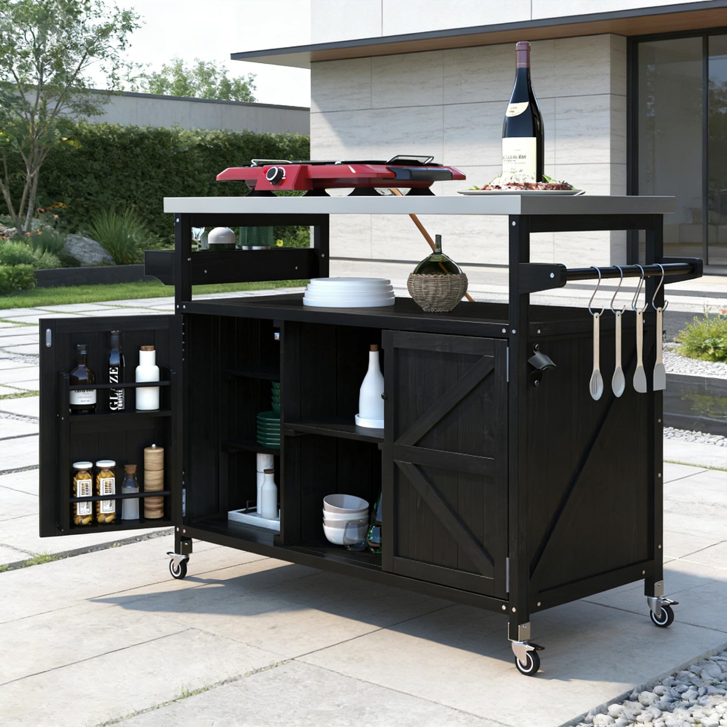 Bellemave Outdoor Kitchen Island with Stainless Steel Top, Rolling Bar Cart & Storage Cabinet, Outdoor Grill Cart with Spice & Towel Rack, Rolling Island Table for Kitchen & BBQ, Black