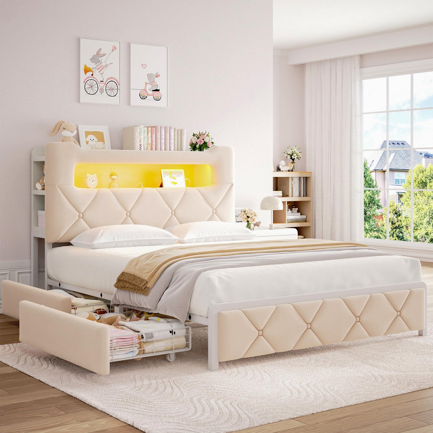 Full Upholstered LED Bed Frame with 2 Storage Drawers and 2-Tier Storage Headboard, Velvet Princess Platform Bed with Charging Station & Bookcase,Heavy Duty Metal Support,No Box Spring Needed,Beige