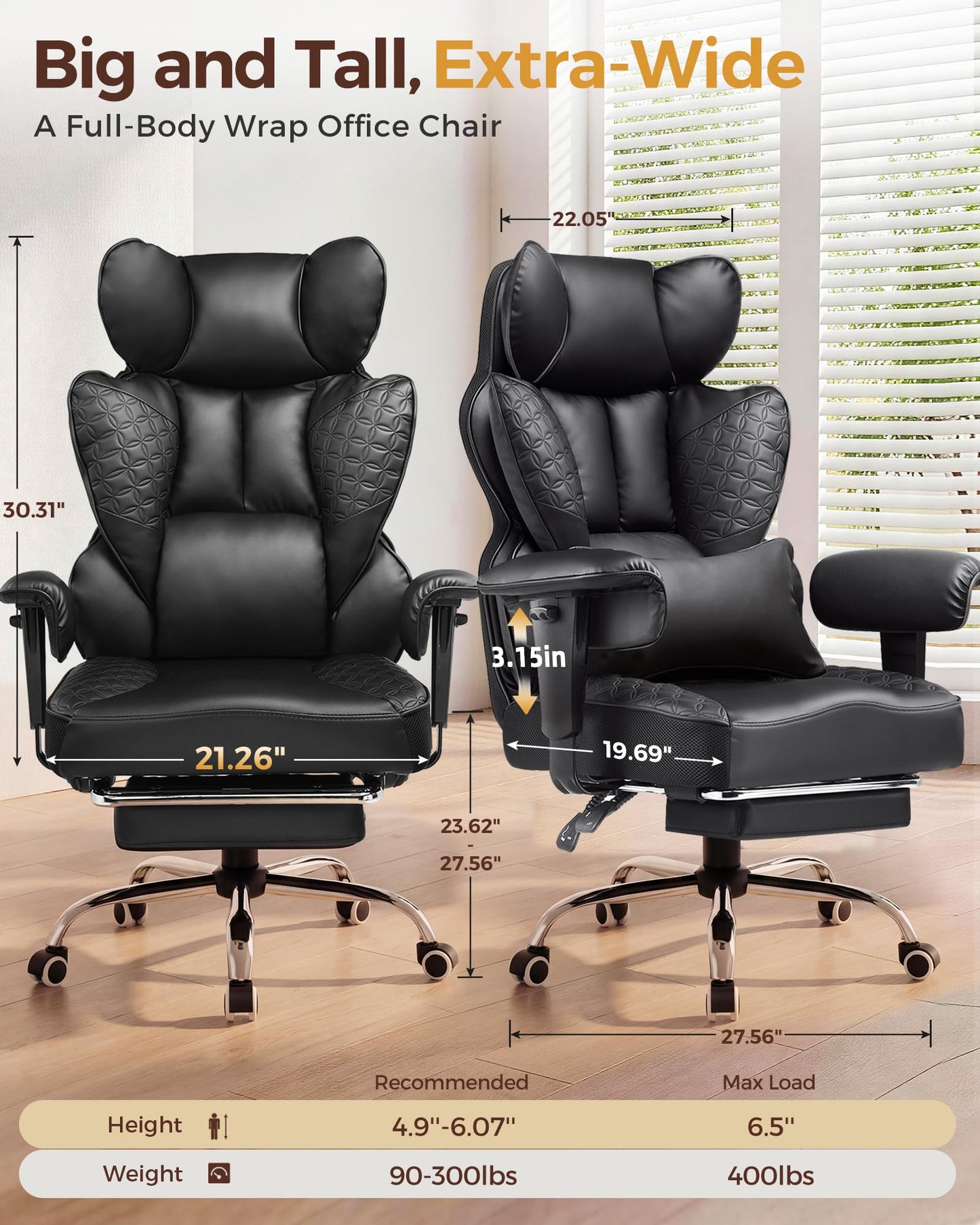 COMHOMA Big and Tall Office Chair Heavy Duty Gaming Chair with Deluxe Embossing Leather High Back Wider Ergonomic Computer Chair with Foot Rest 150°Reclining Pocket Spring Lumbar Support