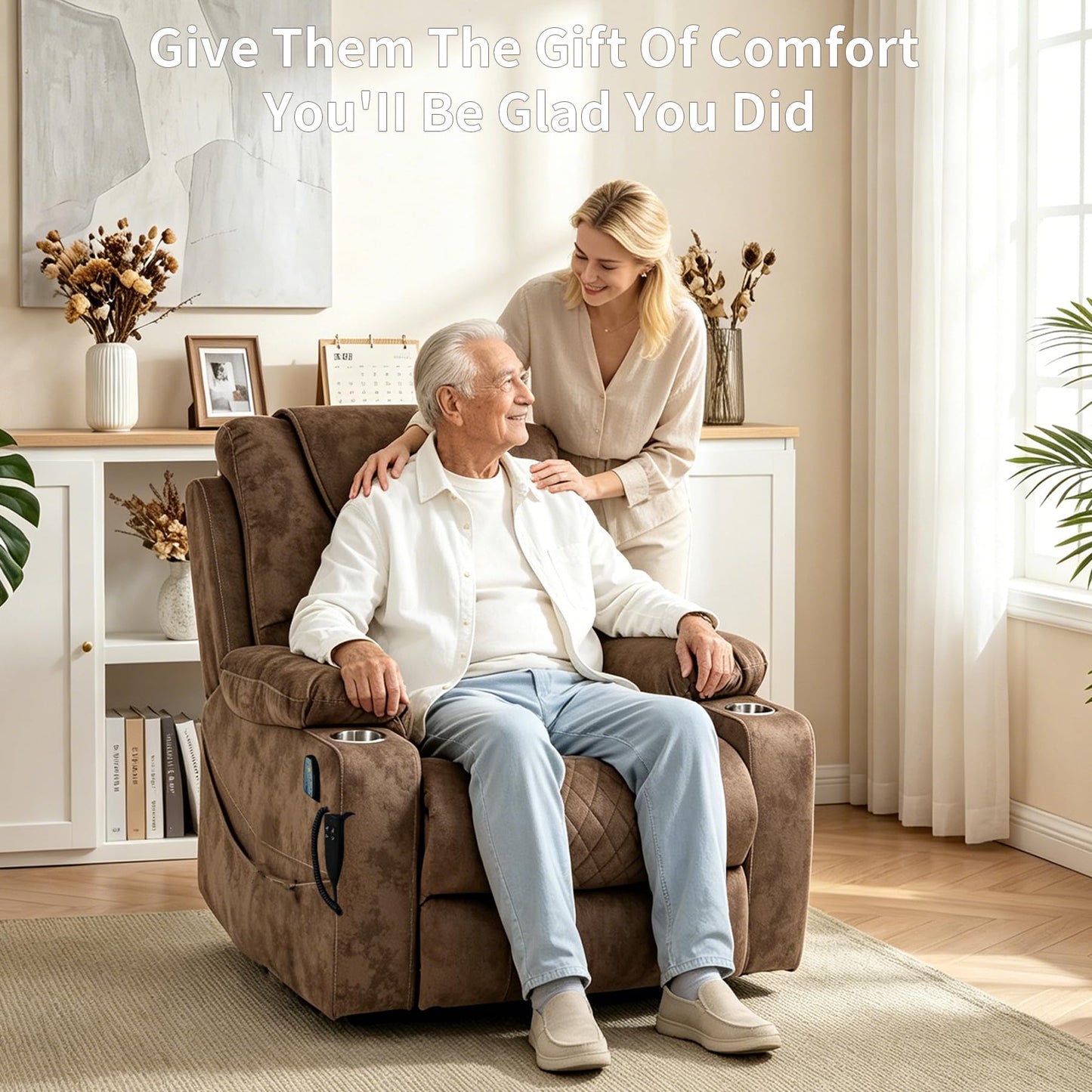 RHHVVR Oversized Power Lift Recliner Chair for Big and Tall, 25" Large Electric Recliner Chair with Massage and Heating, Dual Motor Zero Gravity Recliner Sofa, Velvet, Brown
