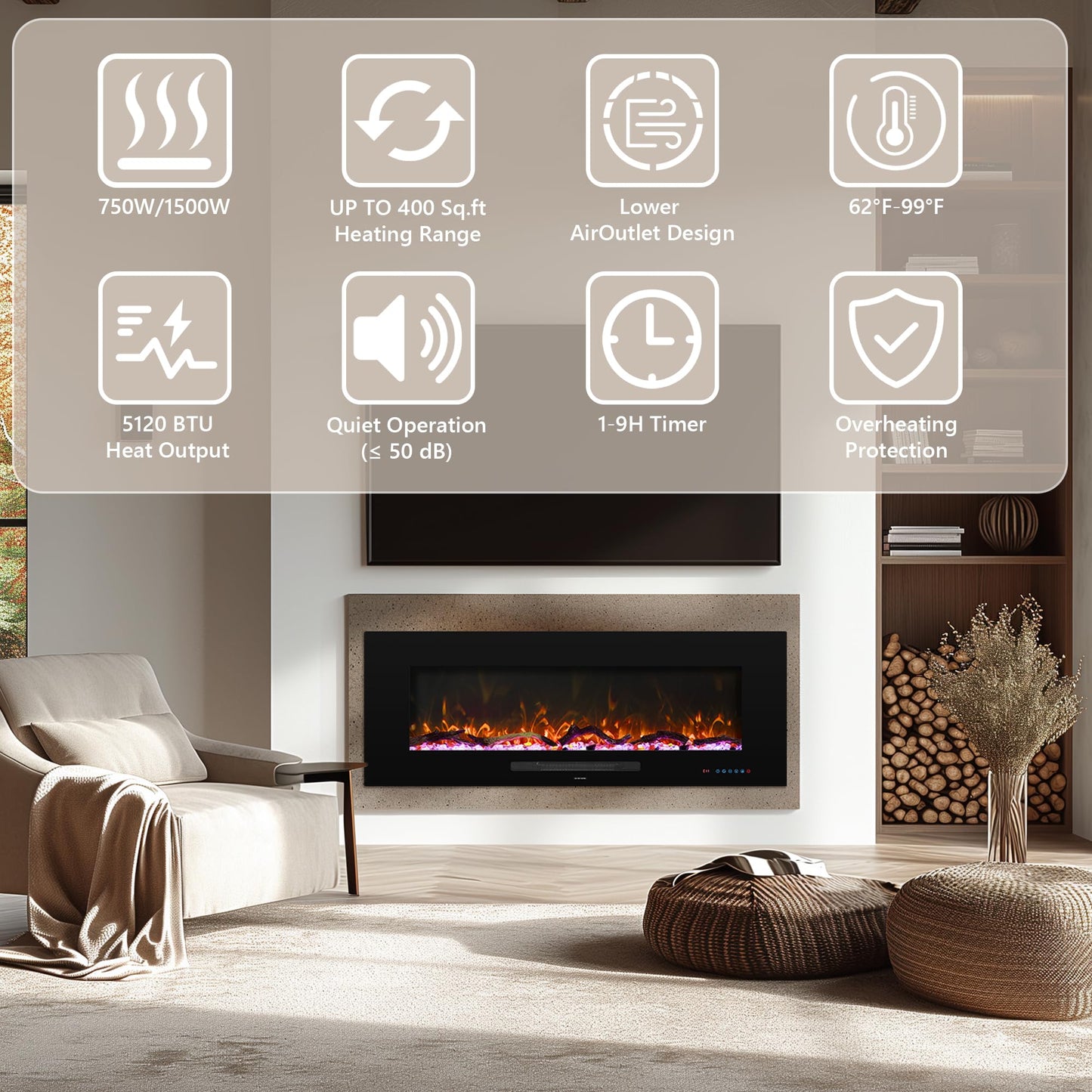 Dreamflame 50" Electric Fireplace, Recessed & Wall Mounted Fireplace Heater 13 * 13 Colors Flame &Fuel Bed w/5 Dimmer, Touchscreen &Remote Control Temp, Overheating Protect, Hardwired, 1500W, Black