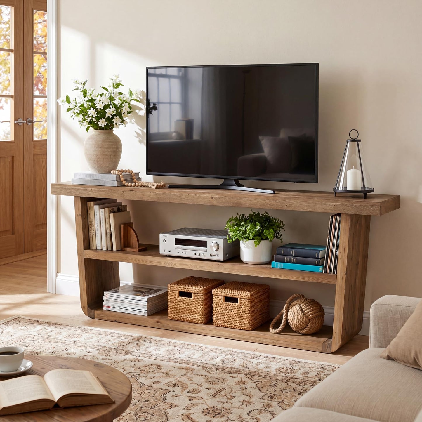 TRIBEWOOD 63" Solid Wood TV Stand, 3-Tier Entertainment Center with Storage, Farmhouse Television Stand for 55/60/65/75-Inch TVs, Wooden TV Table for Living Room, Bedroom