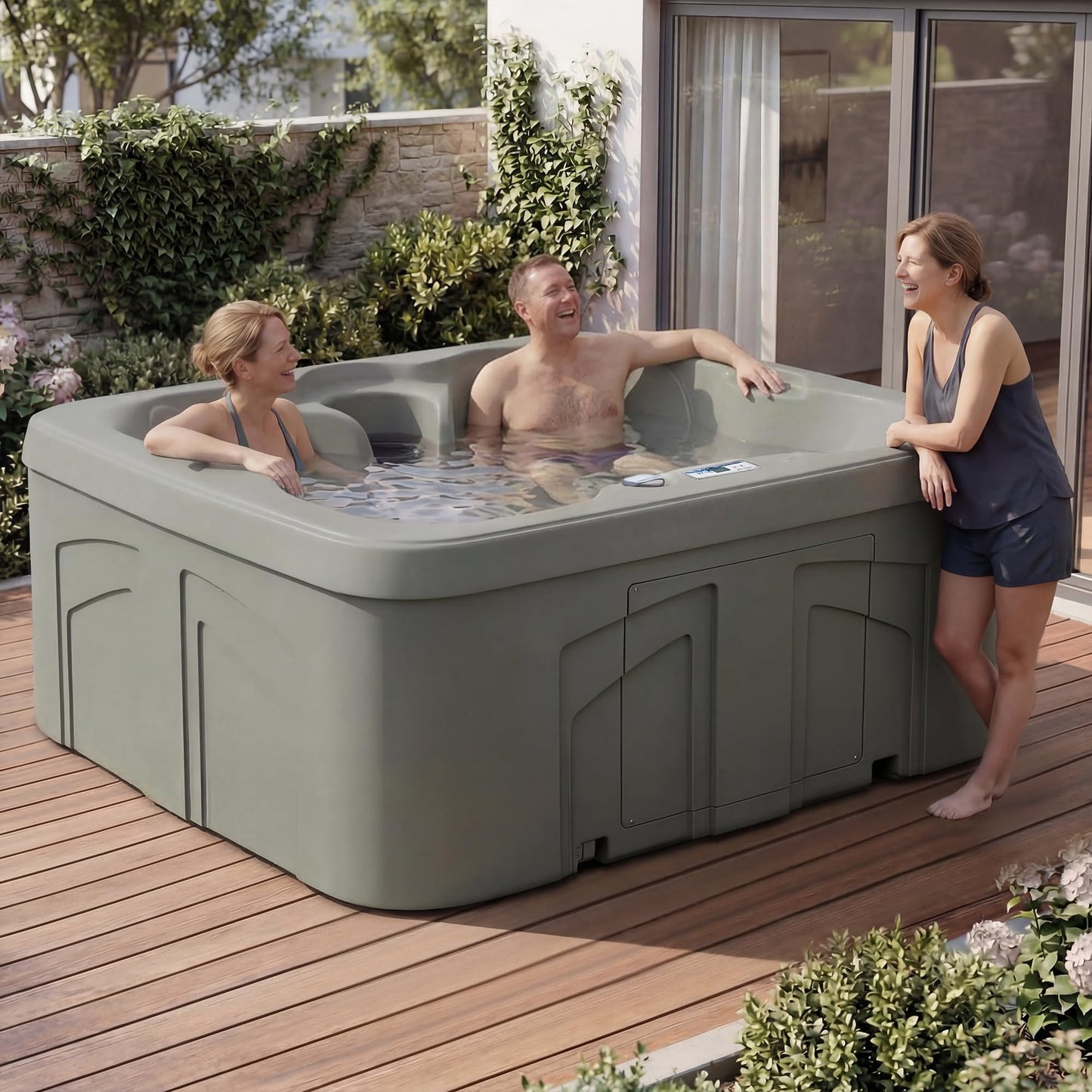 Lifesmart 4-Person Plug & Play Square Hot Tub Spa with 13 Jets, 1.0 HP Pump, Thermal Cover and LED Light, Outdoor Spa, Taupe