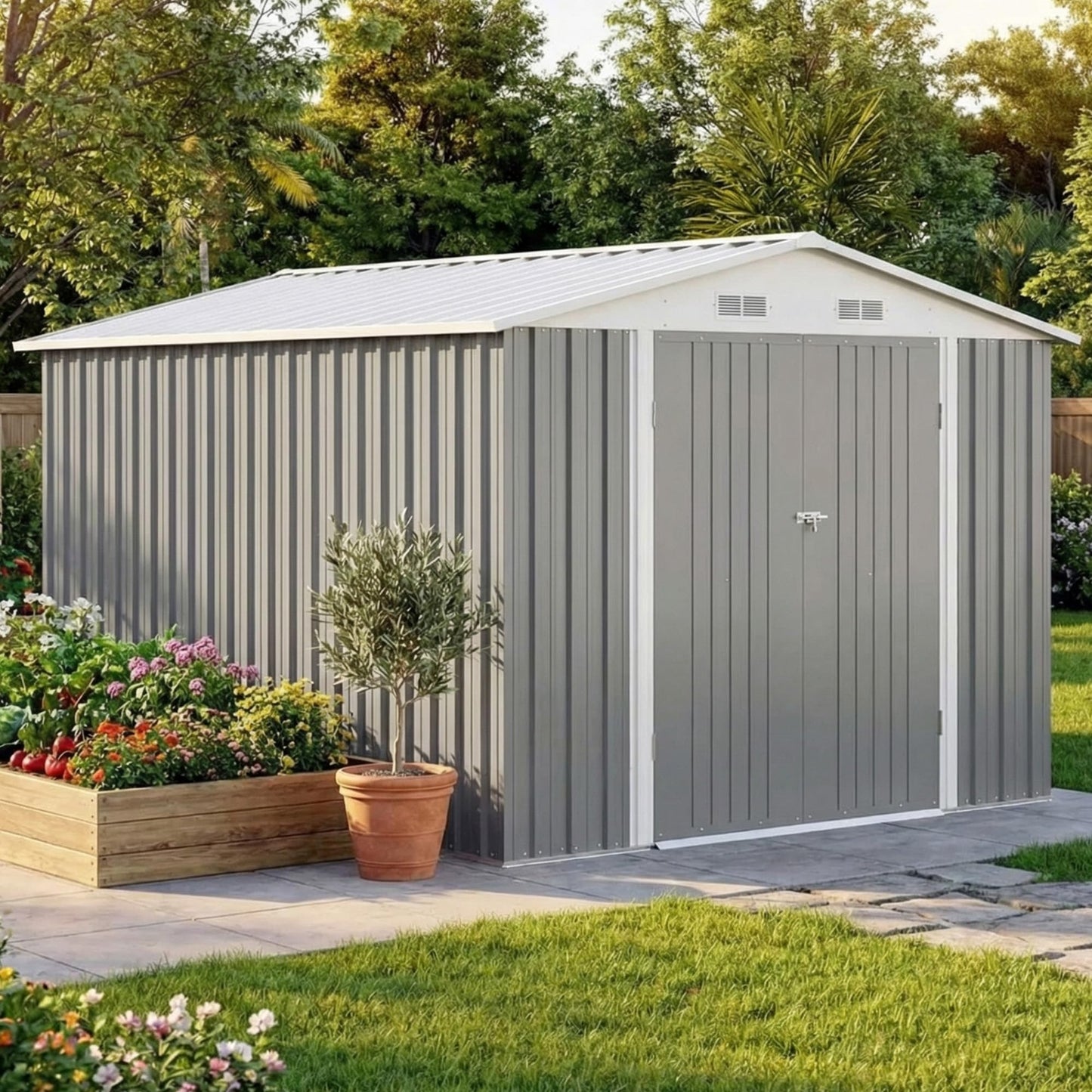 Devoko 8x12 FT Outdoor Storage Shed, Metal Tool Shed with Lockable Door&Slooping Roof, Outside Large Utility Storage for Garden Backyard Patio(Gray)
